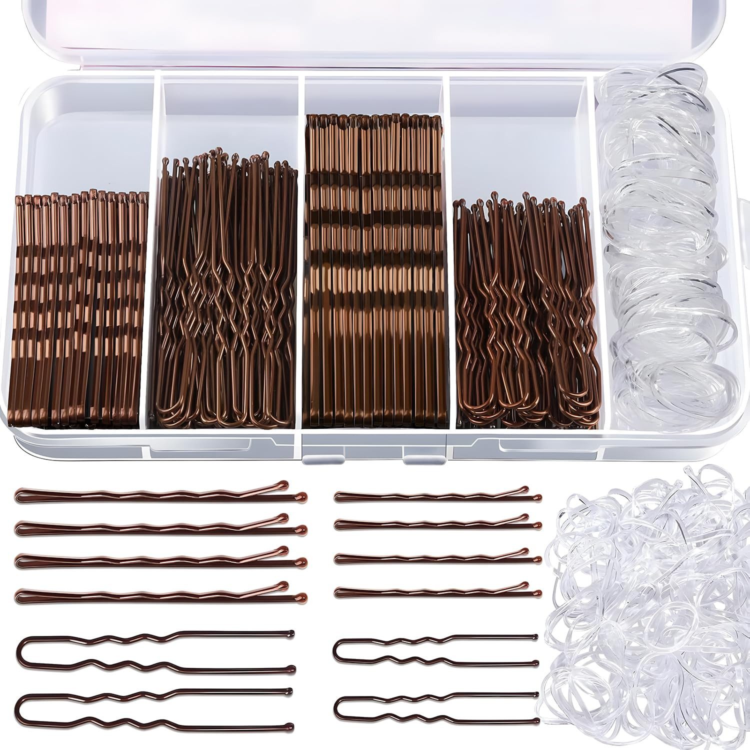 FOUORTUNATE-BEE Haarnadeln 500 Stück Haarnadeln Klein Bobby Pins Set, Hair Pins 2inch 2.75inch, Durchsichtige Haargummi mit Aufbewahrungsbox für Frauen Mädchen