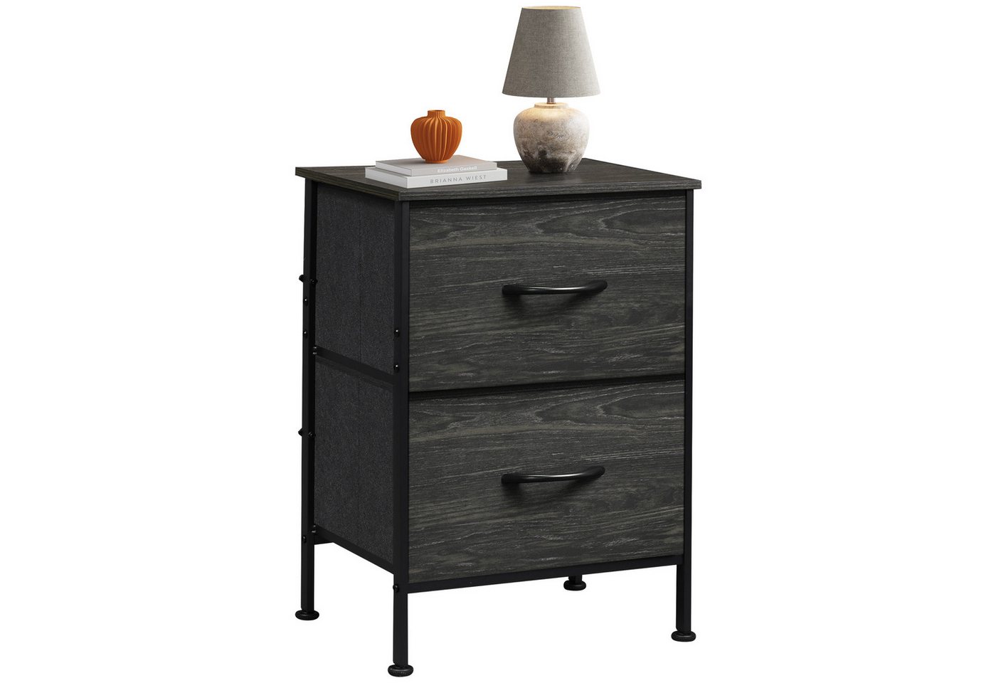 WLIVE Kommode Nachttisch mit 2 Stoffschubladen, 40×30×63 cm, Braun/Schwarz/Weiß (1 St), Beistelltisch mit Metallrahmen & Holzplatte, verstellbare Füße