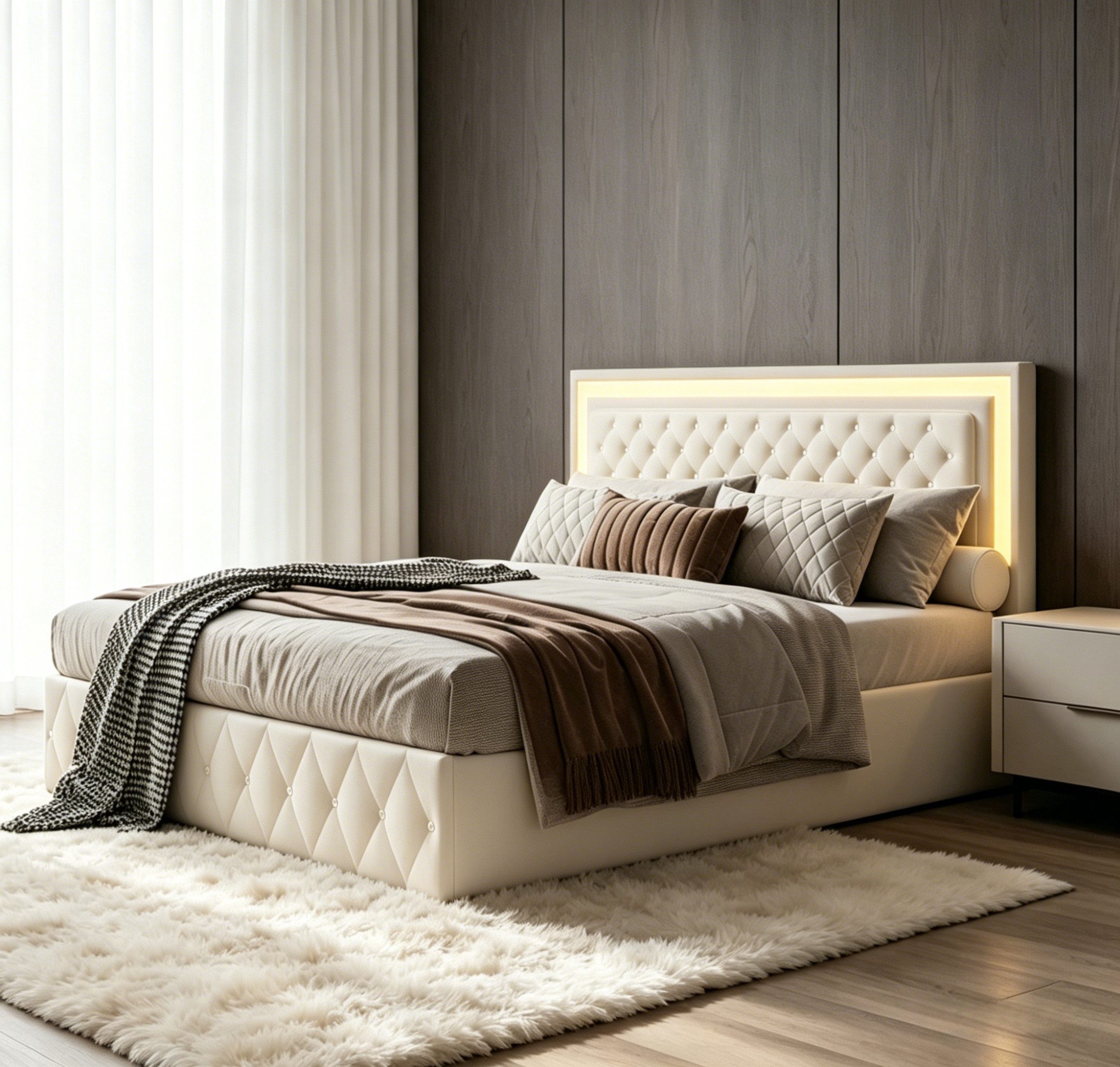 NMCXXO Polsterbett LED Doppelbett mit Bettkasten, Stauraumbett mit Kopfteil und Bettkaste, Ladefunktion, 160x200
