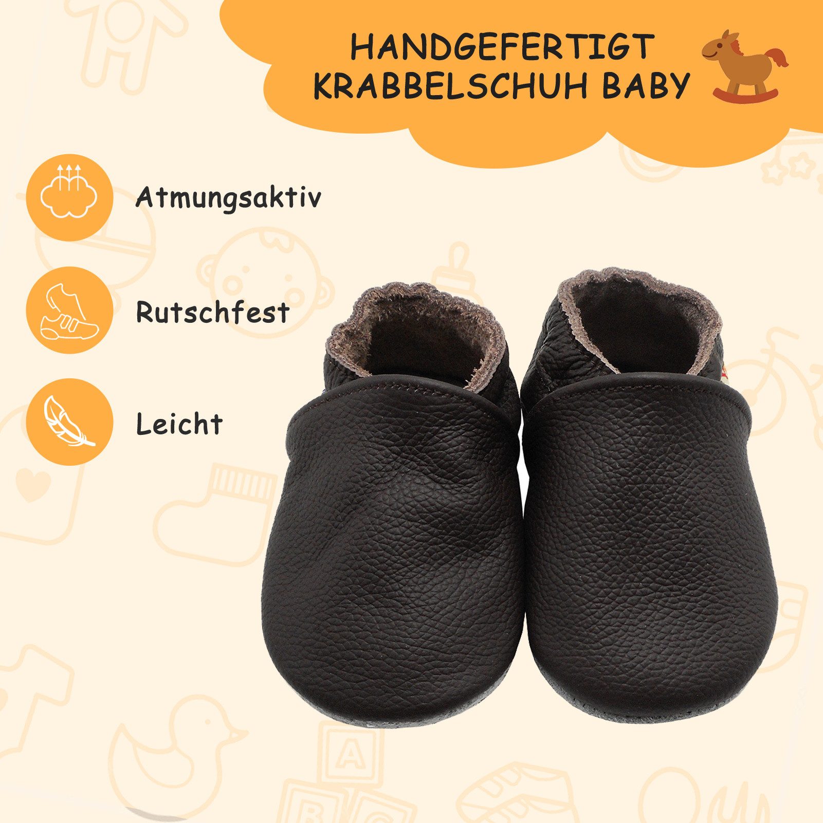 Yalion Weiche Leder Lauflernschuhe Hausschuhe Lederpuschen Dunkelbraun Krabbelschuh