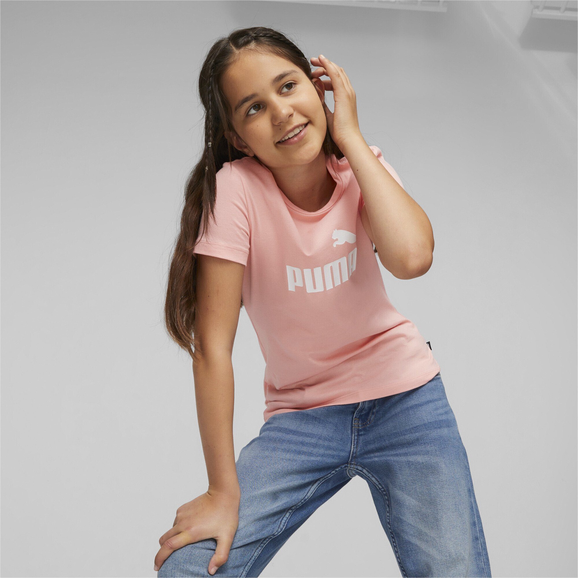PUMA Logo Mädchen Peach Pink Smoothie T-Shirt T-Shirt mit Essentials
