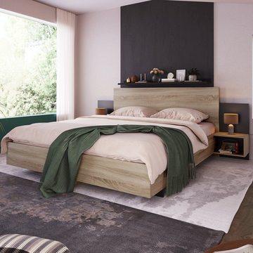 WISHDOR Massivholzbett Natur Bett Solide Bett (mit Lattenrost ohne Matratze, Set in Eiche Sonoma/Dunkelgrau 160 x 200 cm), 2 Nachttischen Schlafzimmer Komplett-205.5x215x76.5 cm(T/B/H)