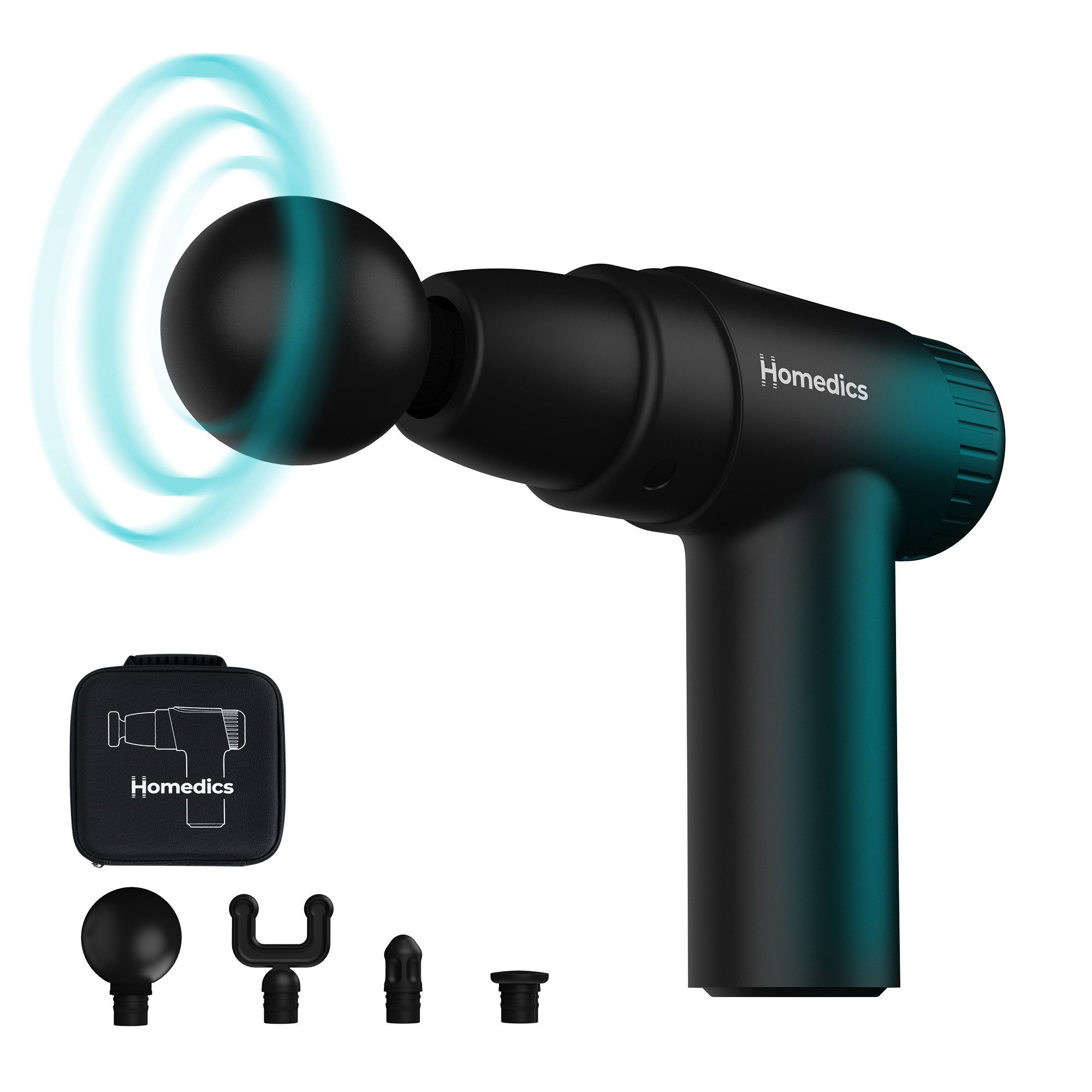 HOMEDICS Massagepistole NOVO PGM-45BK Mini Massage Gun Massagepistole USB-C 6 Stufen, 6-teiliges Set mit 4 Aufsätzen, Kabel und Etui, 6 Intensitätsstufen, 4 Massageköpfe, Reise-Etui