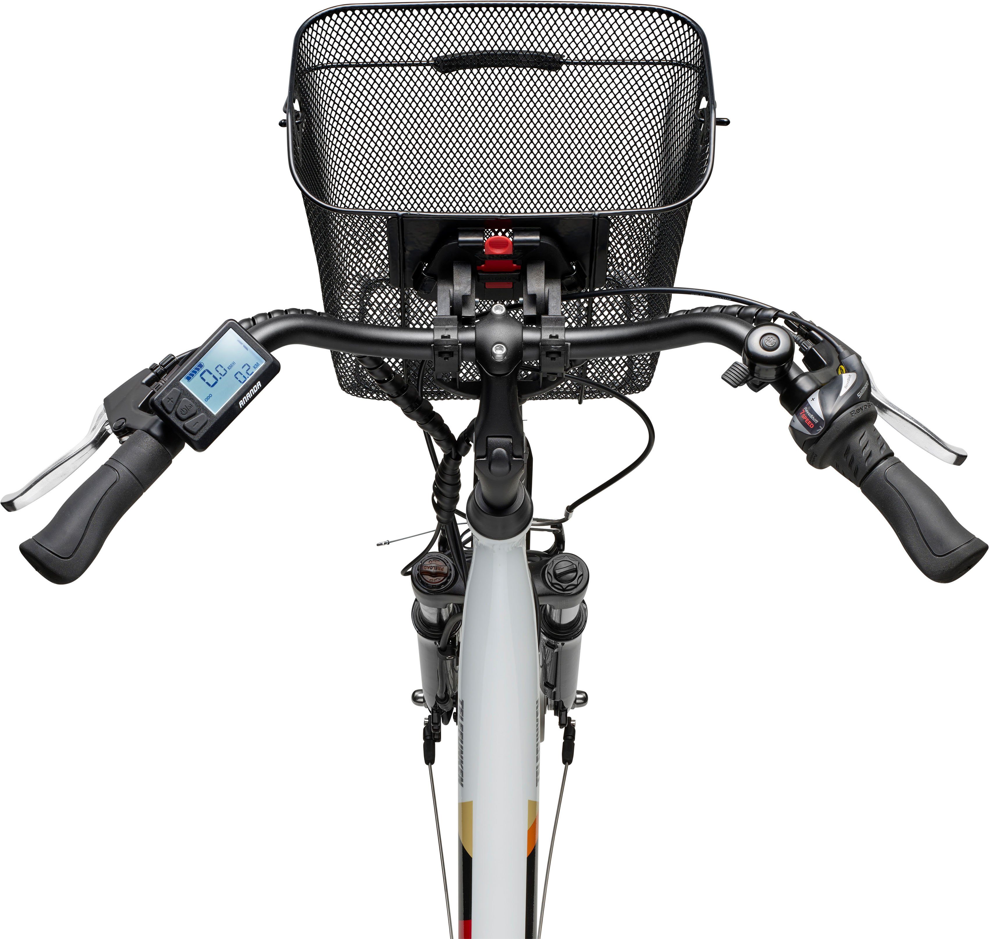 Telefunken E-Bike Shimano 7 mit Multitalent 374,4 praktischem, RC822, Frontmotor, abnehmbaren Akku, Gang Schaltwerk, Wh Einkaufskorb Tourney Kettenschaltung