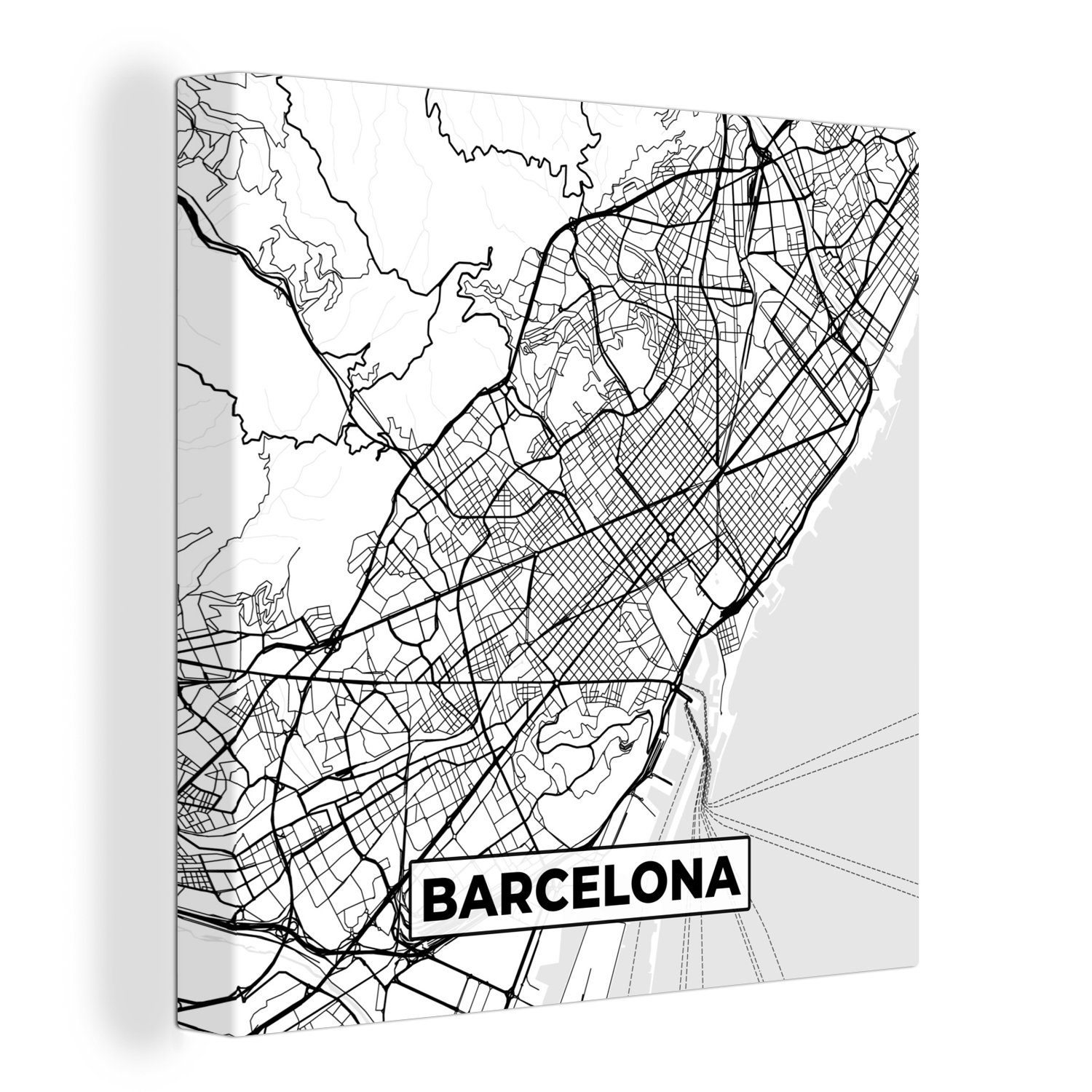 OneMillionCanvasses® Leinwandbild Karte - Barcelona - Stadtplan - Schwarz und weiß, (1 St), Leinwand Bilder für Wohnzimmer Schlafzimmer