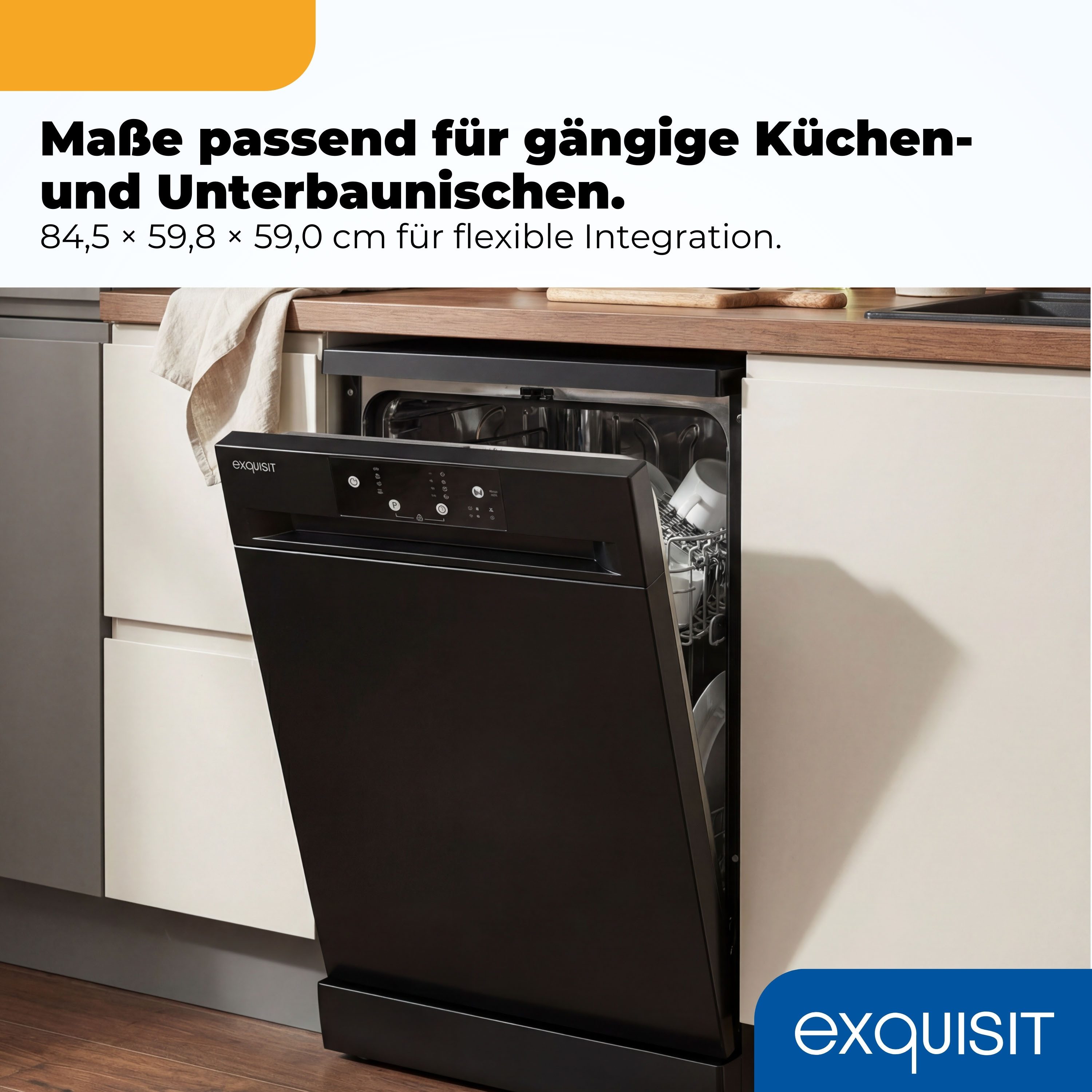 exquisit Standgeschirrspüler 9114 GSP9114-451D schwarz, 11,9 l, 14 Maßgedecke, 14 Maßgedecke & flüsterleise 49 dB – stark und angenehm ruhig