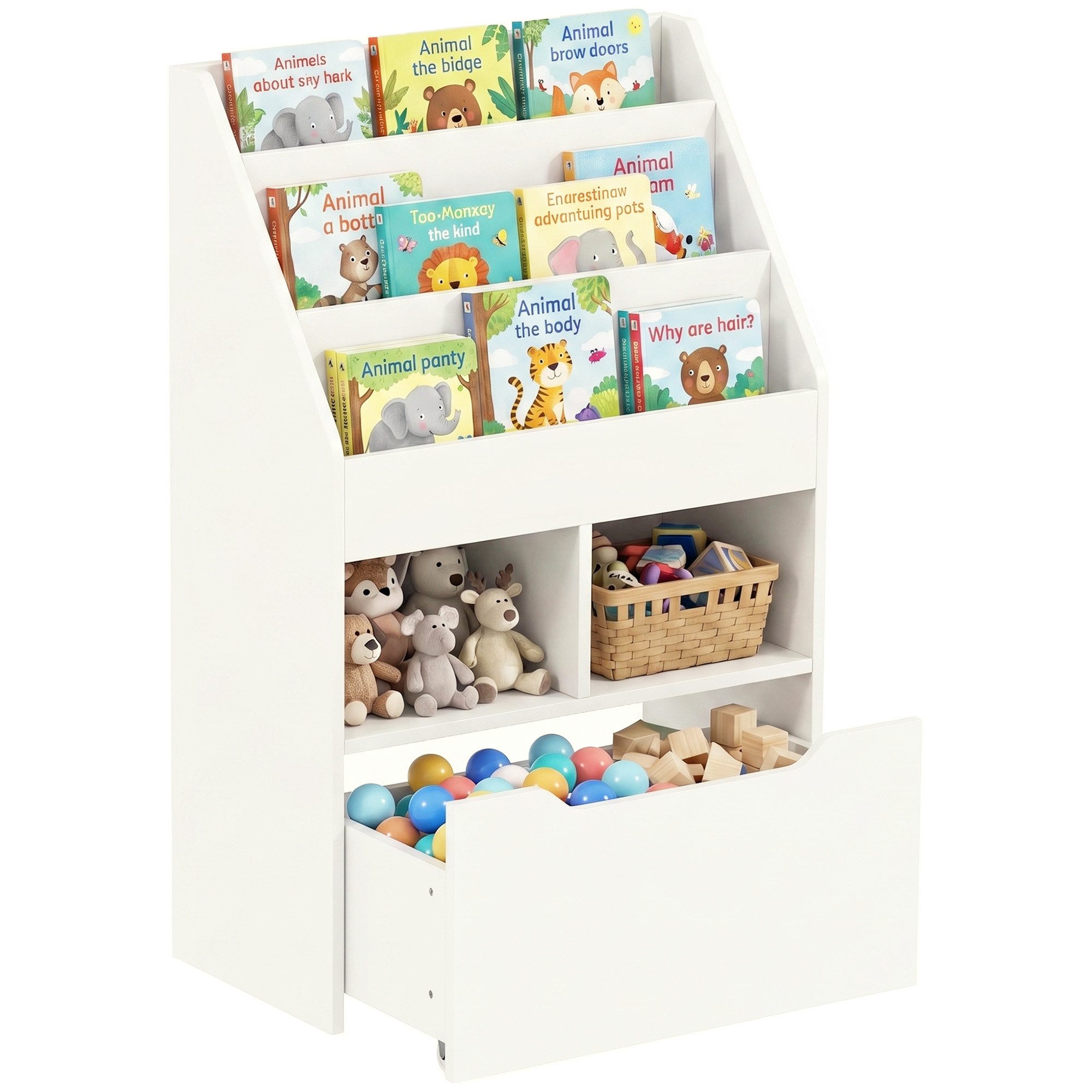 HOMCOM Kinderregal Kinder Bücherregal mit Schublade, 3 Ablagefächern, Aufbewahrungsregal 1-tlg., für Kinderzimmer, Spielzimmer, Weiß, 60 x 29,9 x 90 cm