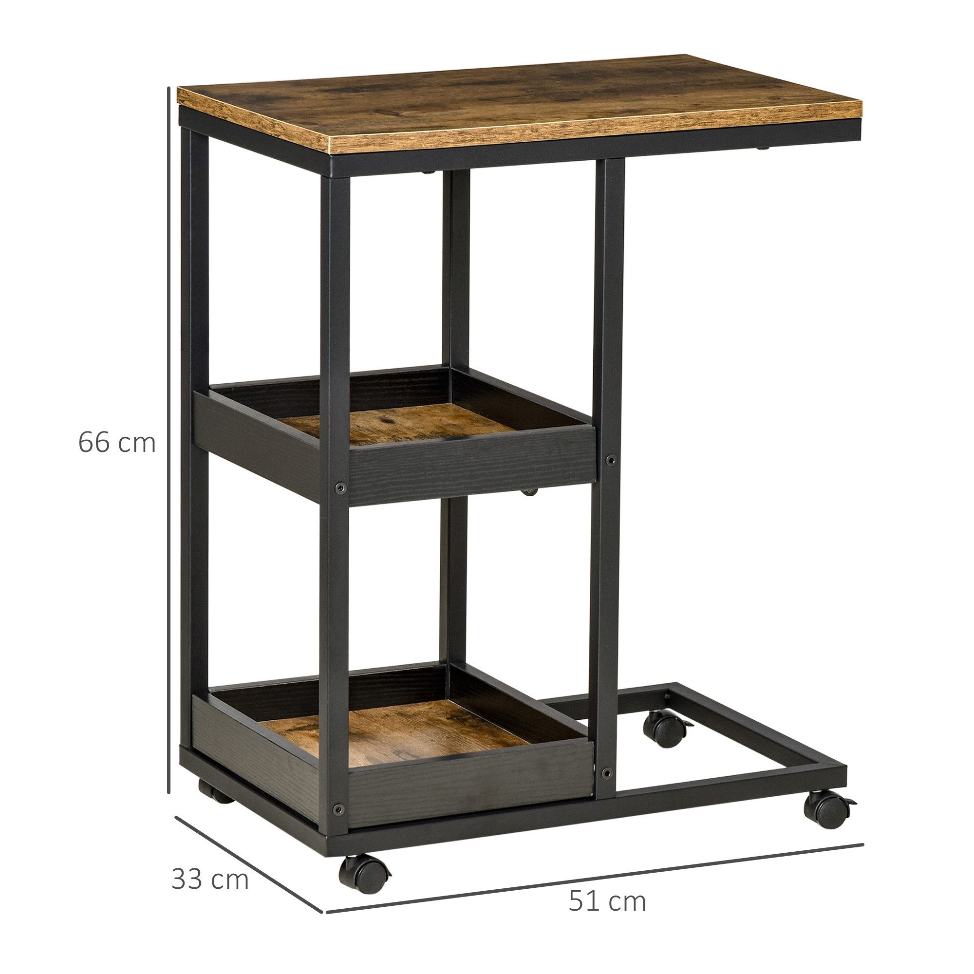 HOMCOM Beistelltisch Sofatisch mit Rollen, Ablage (Couchtisch, 1-St., Kaffeetisch), für Wohnzimmer, Schlafzimmer, Dunkelbraun, 51 x 33 x 66 cm