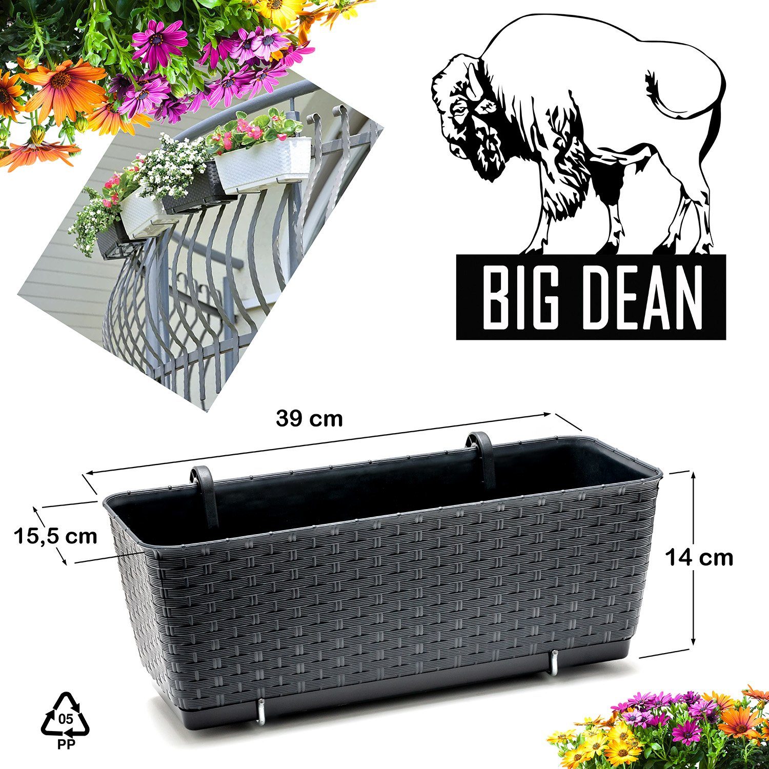 BigDean Blumenkasten 2x Bewässerungssystem + Halterung Rattan-Optik Anthrazit 39x15,5x14cm (Set, 2 St., Balkonkästen), Bruchfest, Bewässerungssystem, Wasserspei – Bild 5 von 5