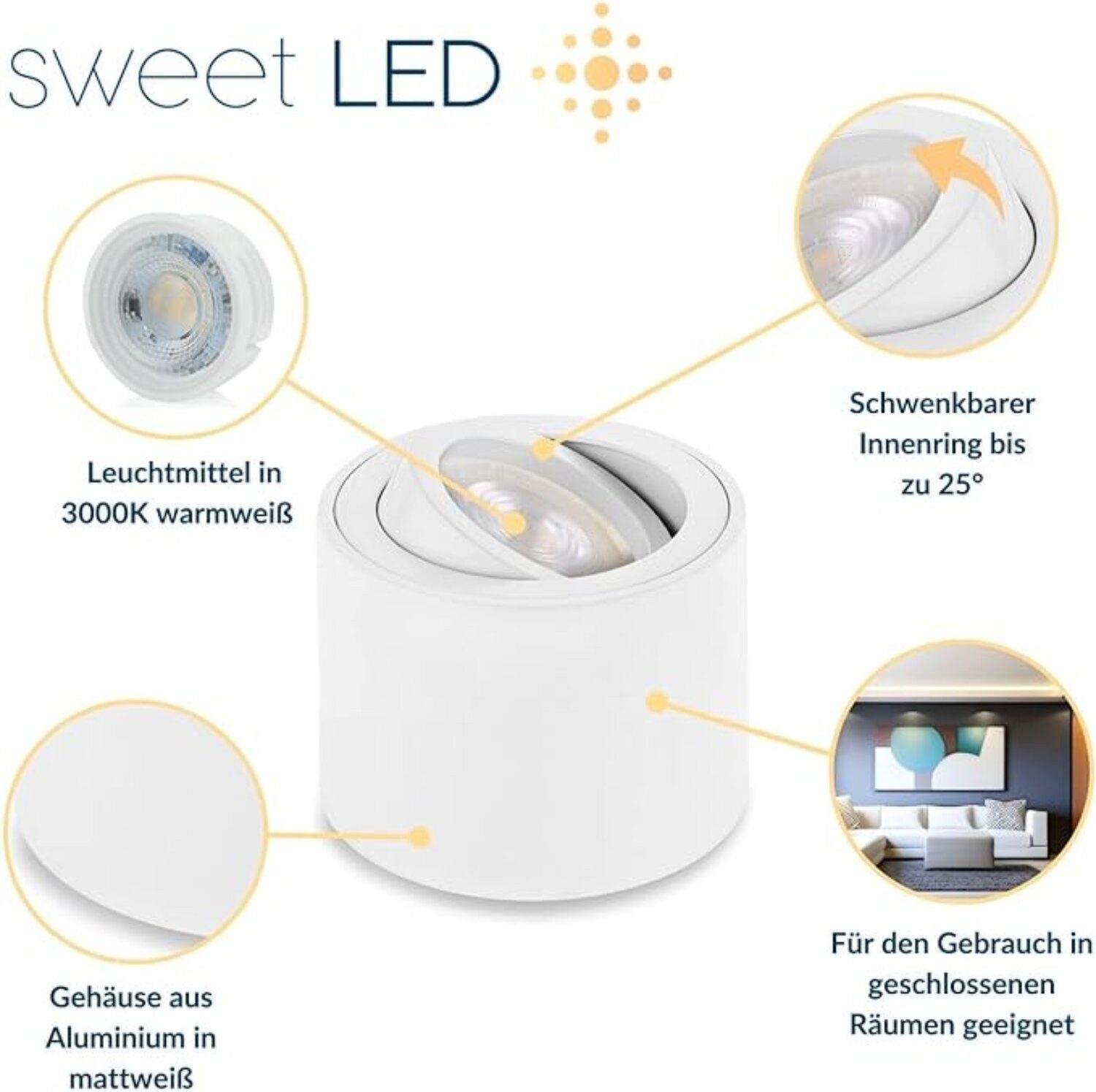 Sweet LED LED Aufbaustrahler 6er Set flache LED Aufbauspots - rund & schwenkbar, 5 W, 230V, LED wechselbar, Warmweiß, LED Deckenlampe, Deckenspot, Deckenstrahler