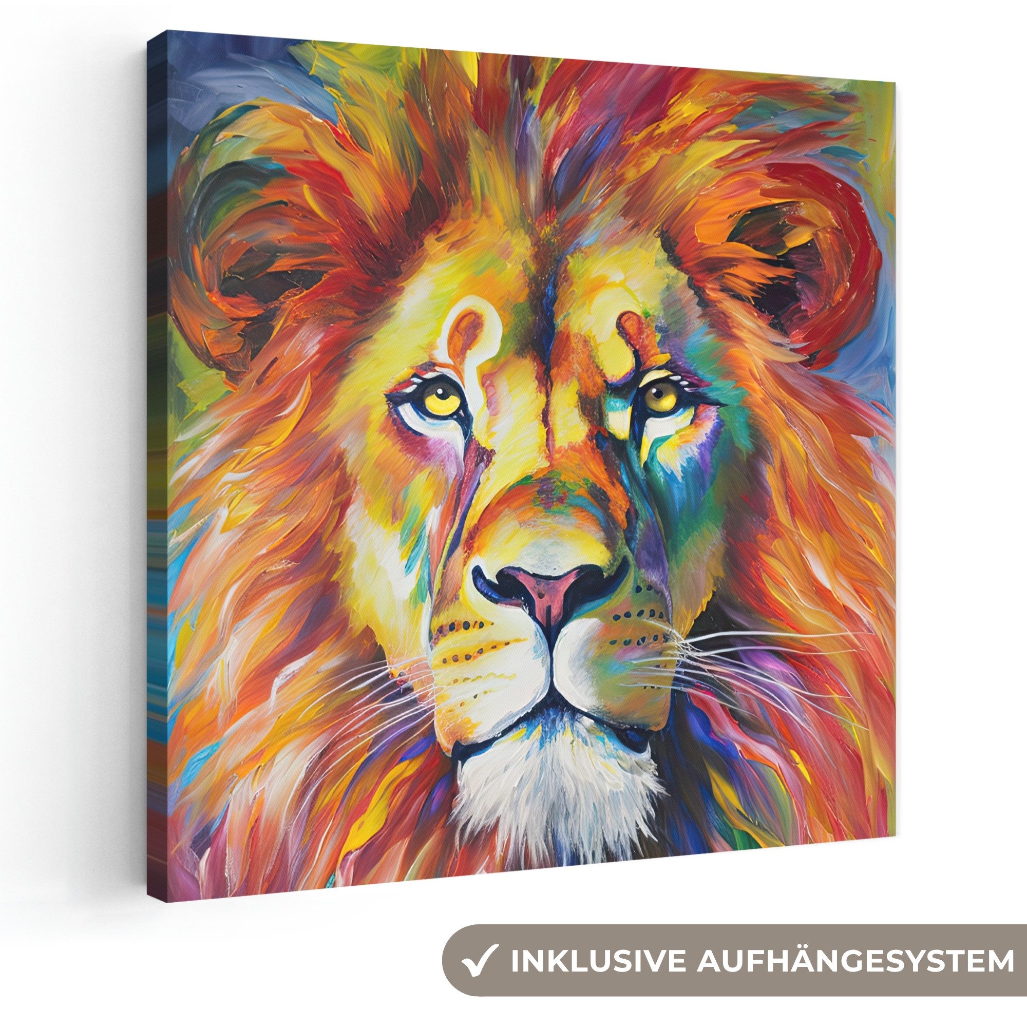 OneMillionCanvasses® Leinwandbild Löwe - Ölfarbenoptik - Kunst - Tiere, Fotodruck (1 St), Wandbild, Deko Schlafzimmer Wohnzimmer Flur 20x20 cm