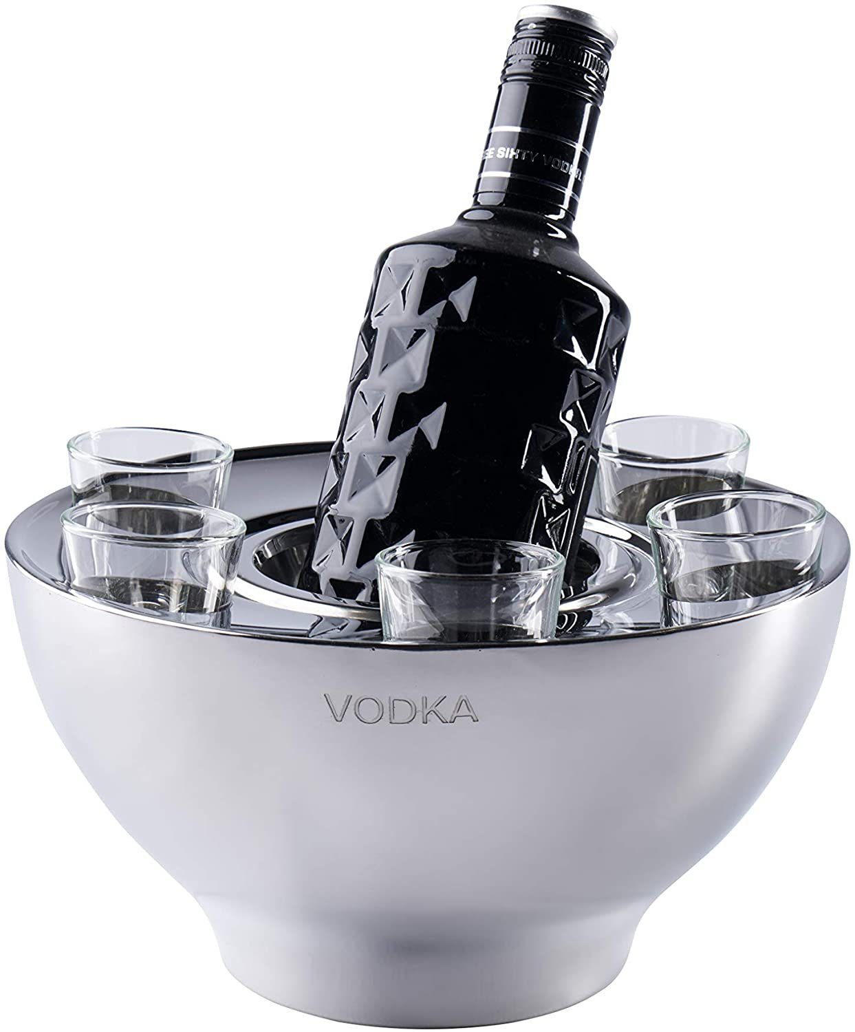 MichaelNoll Wein- und Sektkühler Wodkakühler Wodka Spirituosen Kühler "VODKA"  Edelstahl + 6 Shotgläsern Silber, Flaschenkühler Getränkekühler, Party  Geschenk 25x25x14 cm