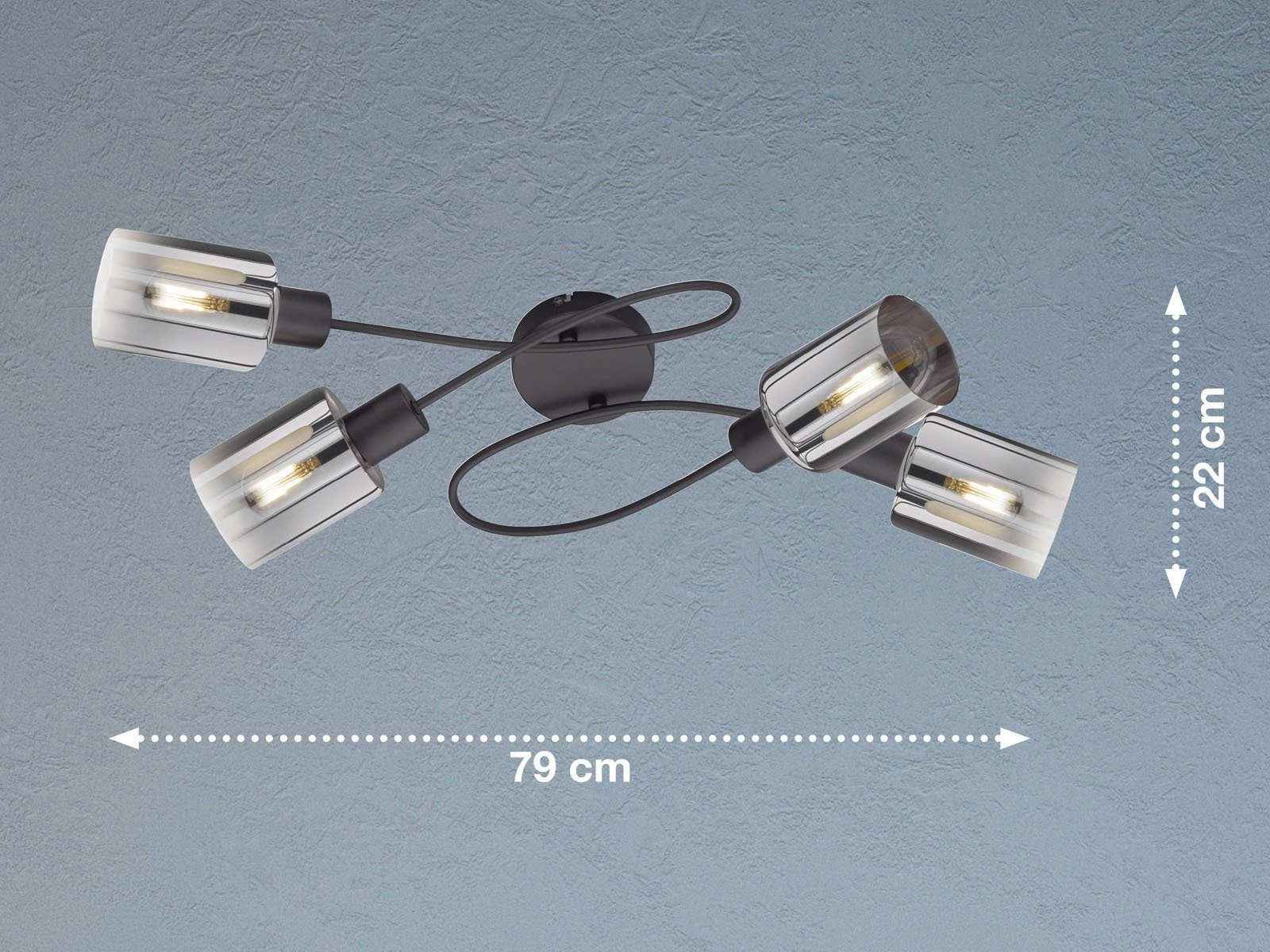 FISCHER & HONSEL LED Deckenleuchte, LED wechselbar, Warmweiß, ausgefallener Deckenstrahler mehrflammig Rauchglas Schwarz 79cm lang