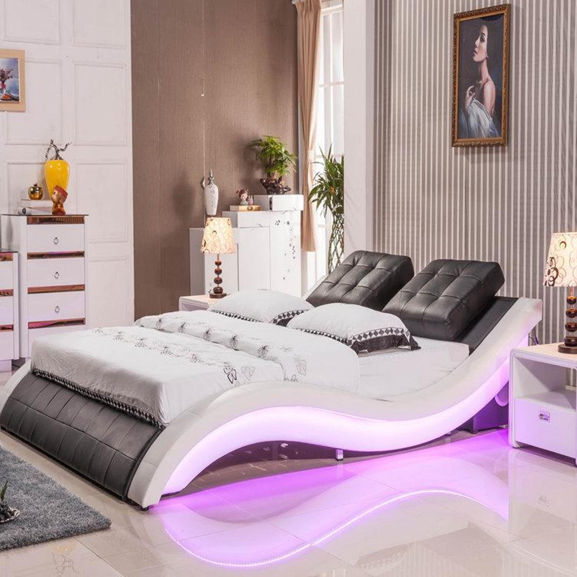 JVmoebel Bett Luxus Design Betten Digital Schlafzimmer Bett LED Braun Möbel Leder