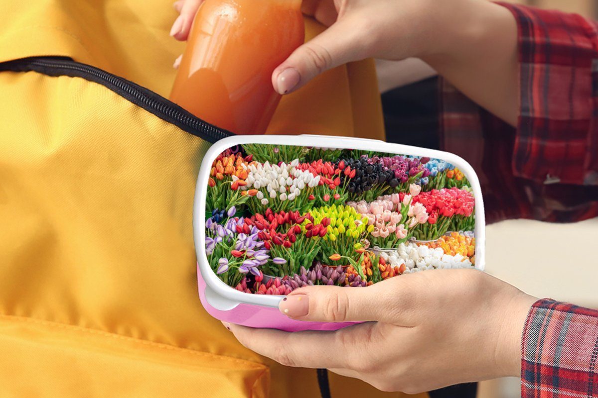 Kunststoff Erwachsene, MuchoWow Kinder, Tulpen Blumen Farben, Kunststoff, (2-tlg), für - Mädchen, Lunchbox - rosa Snackbox, Brotdose Brotbox