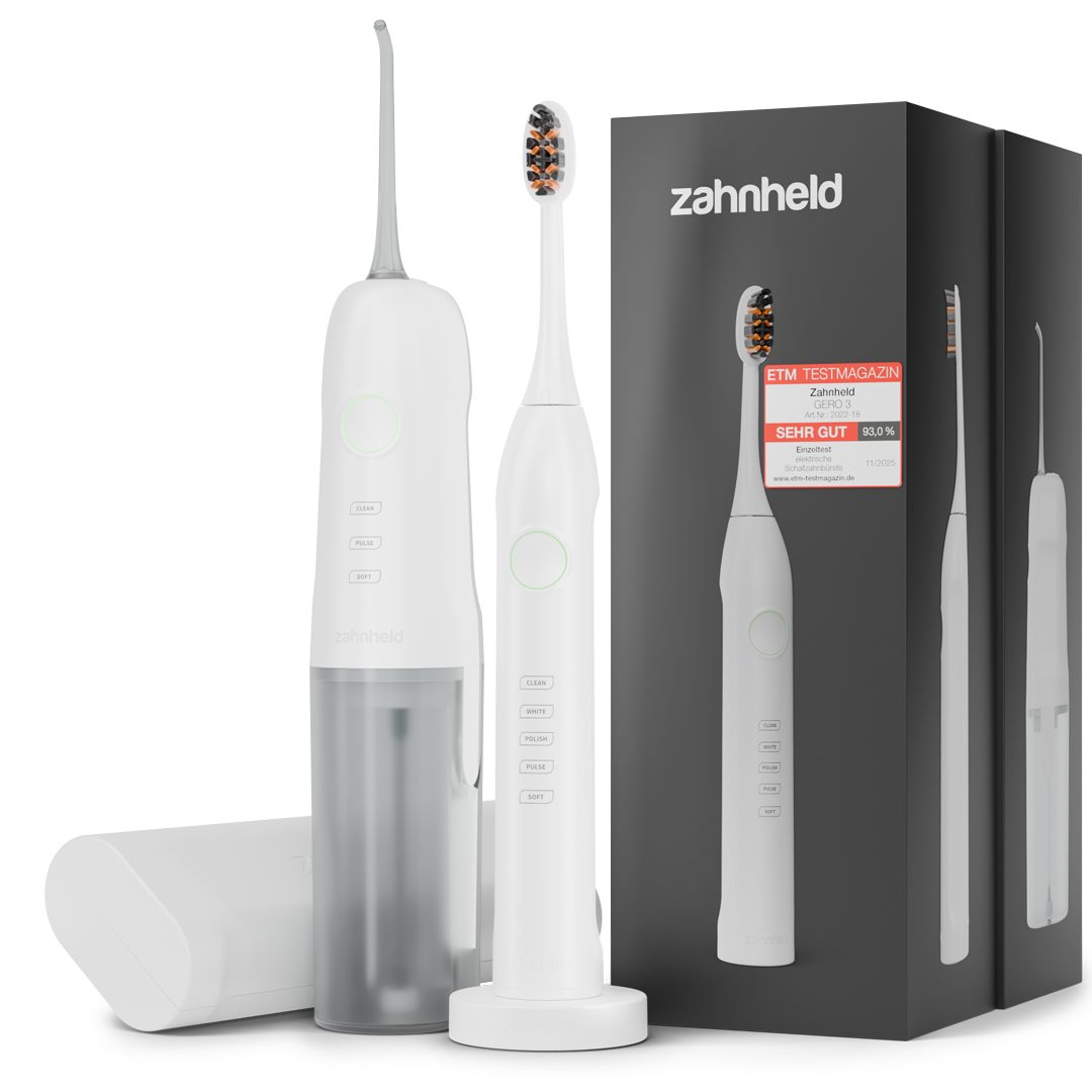 Zahnheld Elektrische Zahnbürste Schallzahnbürste Gero mit Munddusche & Etui weiß, 10 Wochen Akku, Elektrische Zahnbürste & Zahndusche, Mundpflege, Reisezahnbürste mit Schall, Water Flosser, Wasserstrahl