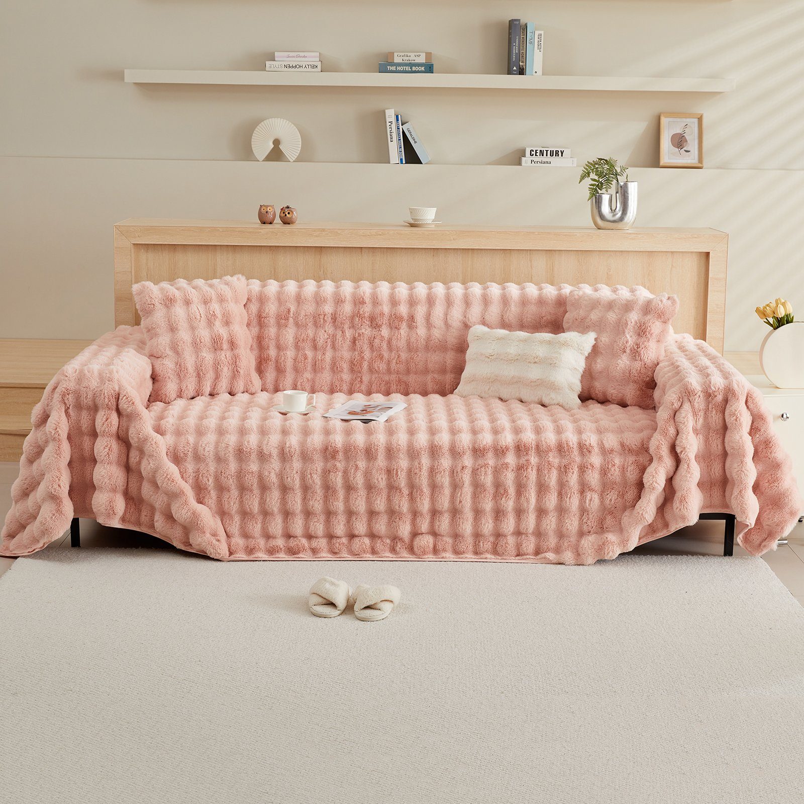 Sofahusse Zottelig, warm, Wellendesign, rutschfest, für Winter Sofas Bett, Rosnek, B×L: 180×180;180×230;180×300cm Pink