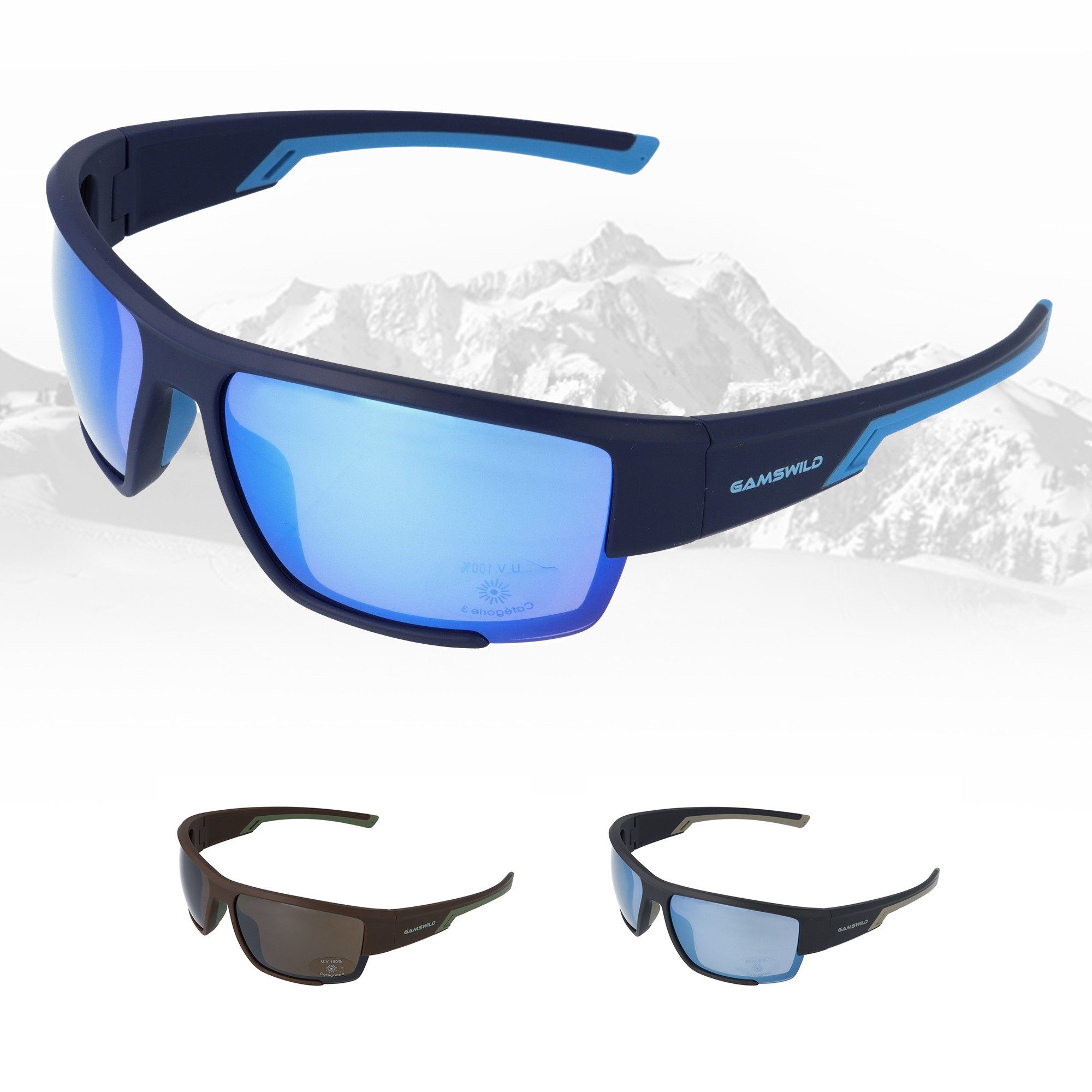 Gamswild Sportbrille UV400 Sonnenbrille Skibrille Fahrradbrille breite Bügel/Zugluftschutz, Damen Herren Modell WS7133 in schwarz, braun, blau