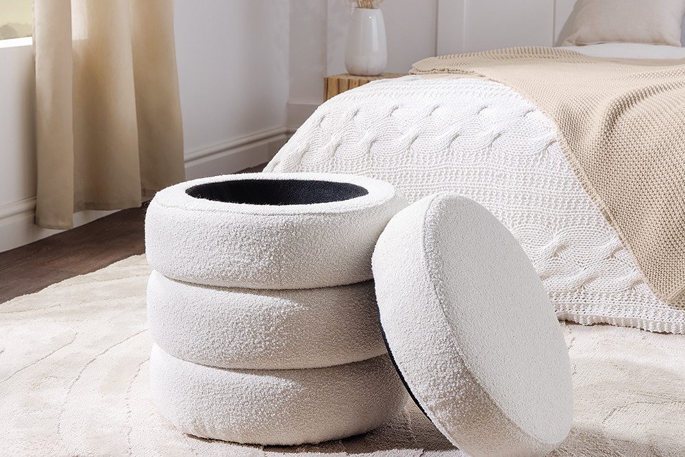 riess-ambiente Sitzhocker VOGUE Ø50cm creme weiß (Einzelartikel, 1 St), Wohnzimmer · Bouclé · rund · mit Stauraum · Scandinavian Design