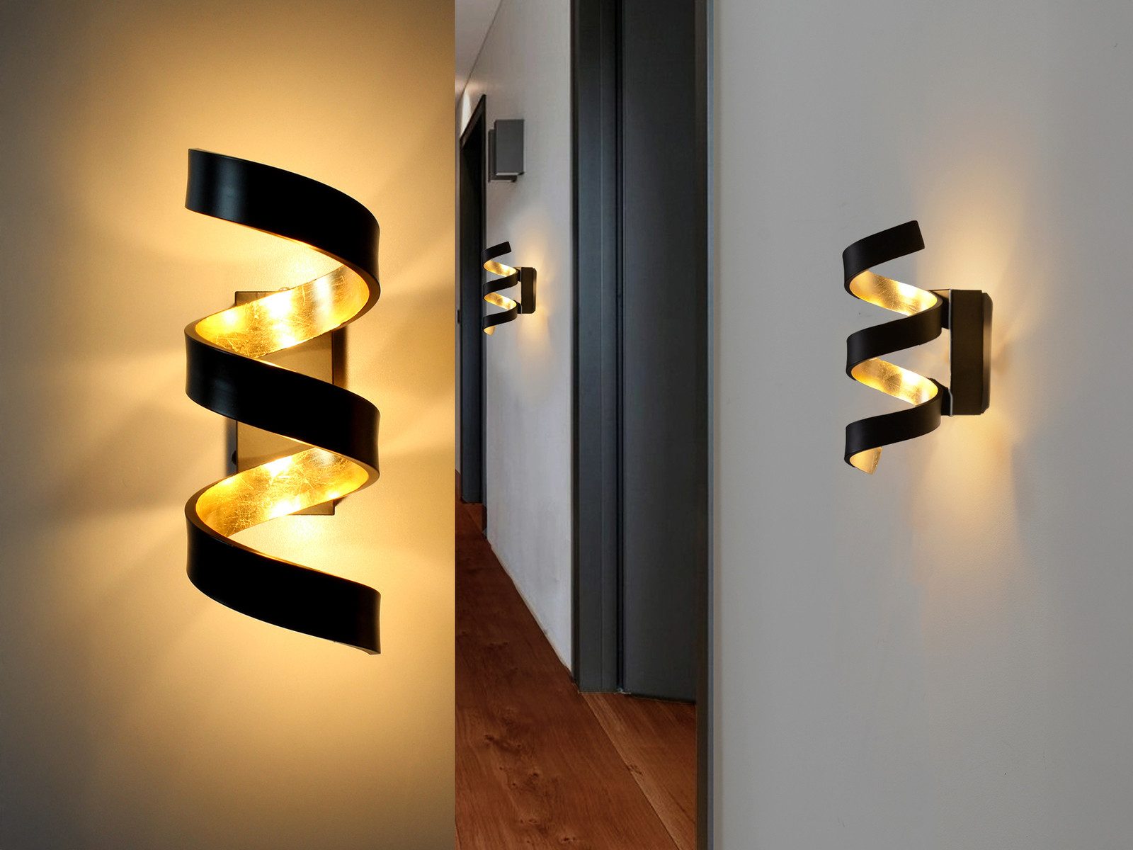 Luce Ambiente Design LED Wandleuchte 2er Set Spiral-Lampe in Schwarz / Gold, LED fest integriert, Warmweiß, ausgefallene Wandlampe innen, indirekt-e Wand-beleuchtung