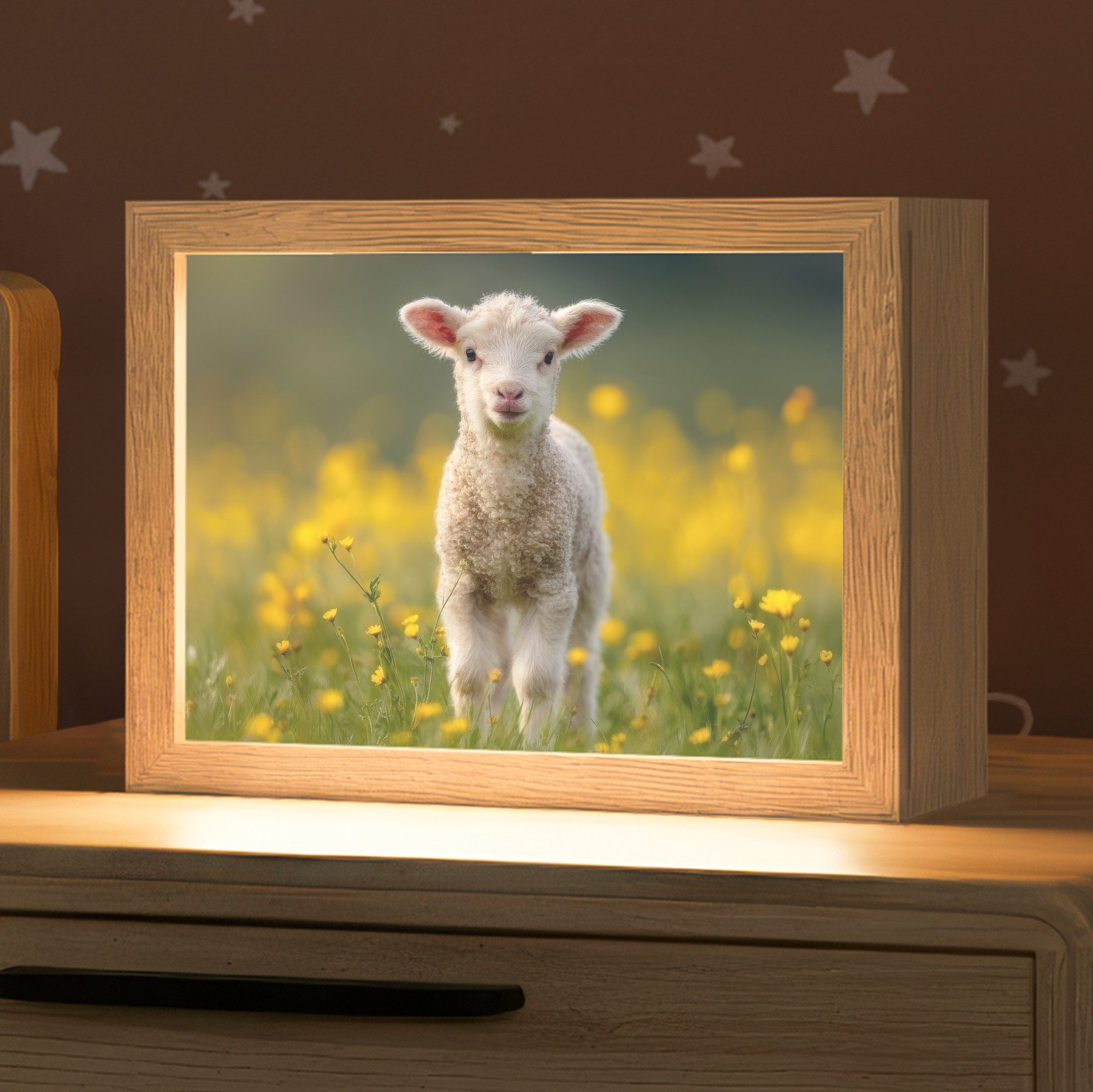 OnlyWow Nachttischlampe Lightbox Lamm - Gras - Blumen - Gelb - Mädchen, Dimmbar, Farbwechsel, LED, Warmweiß, Kaltweiß, Neutralweiß Einstellbar, Nachtlicht, Kinder- und Babyzimmer, Dimmbar, mit Kabel, Tischleuchte