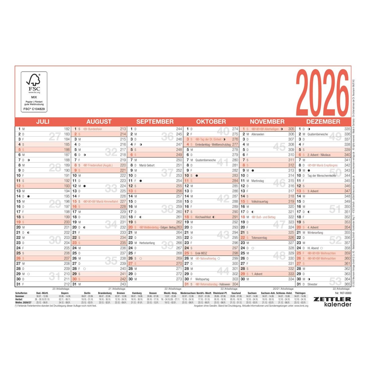 ZETTLER Terminplaner Arbeitstagekalender 907 A4 29,7x21cm 2026