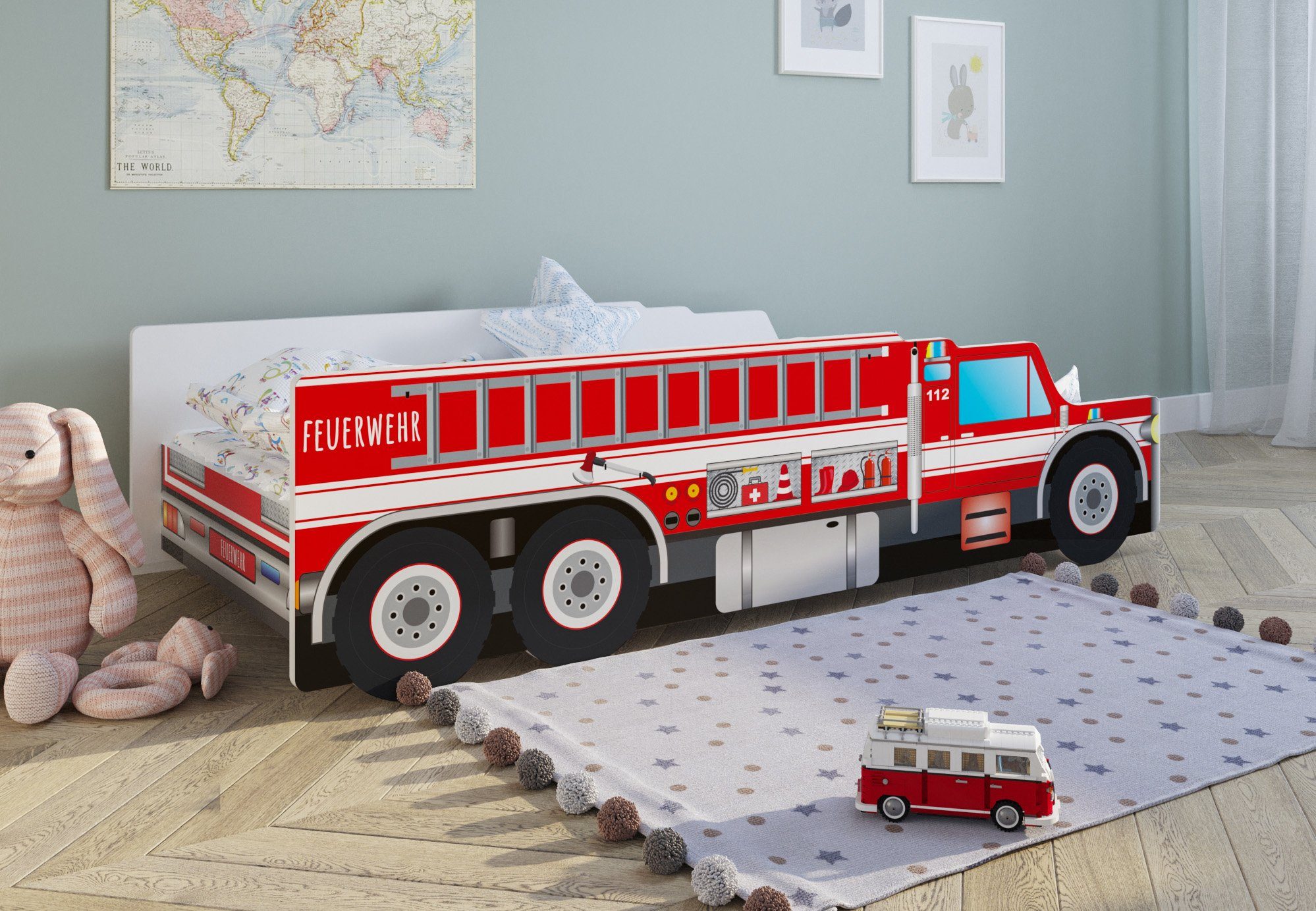 Kids Collective Autobett Kinderbett Jugendbett 70x140, 80x160 cm mit Rausfallschutz Feuerwehr, Feuerwehrauto Feuerwehrmann Kinder Spielbett, 140x70 cm