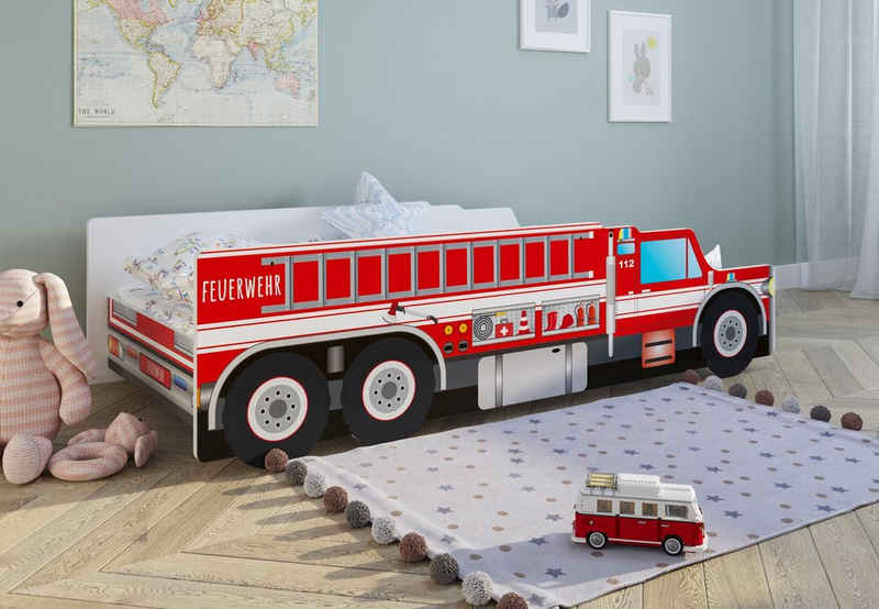 Kids Collective Autobett »Kinderbett Feuerwehr in 70x140 und 80x160 cm«, mit Lattenrost und Rausfallschutz, optional mit Matratze, 140x70