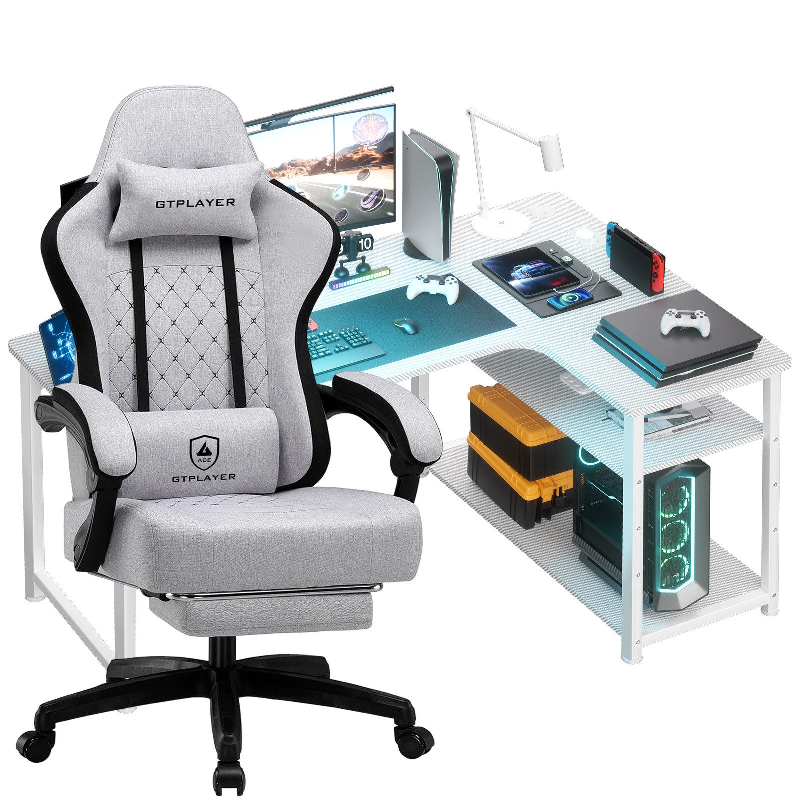 GTPLAYER Gaming-Stuhl Gaming Tisch + Gaming Stuhl- Set, Computertisch Stuhl Set für Gaming