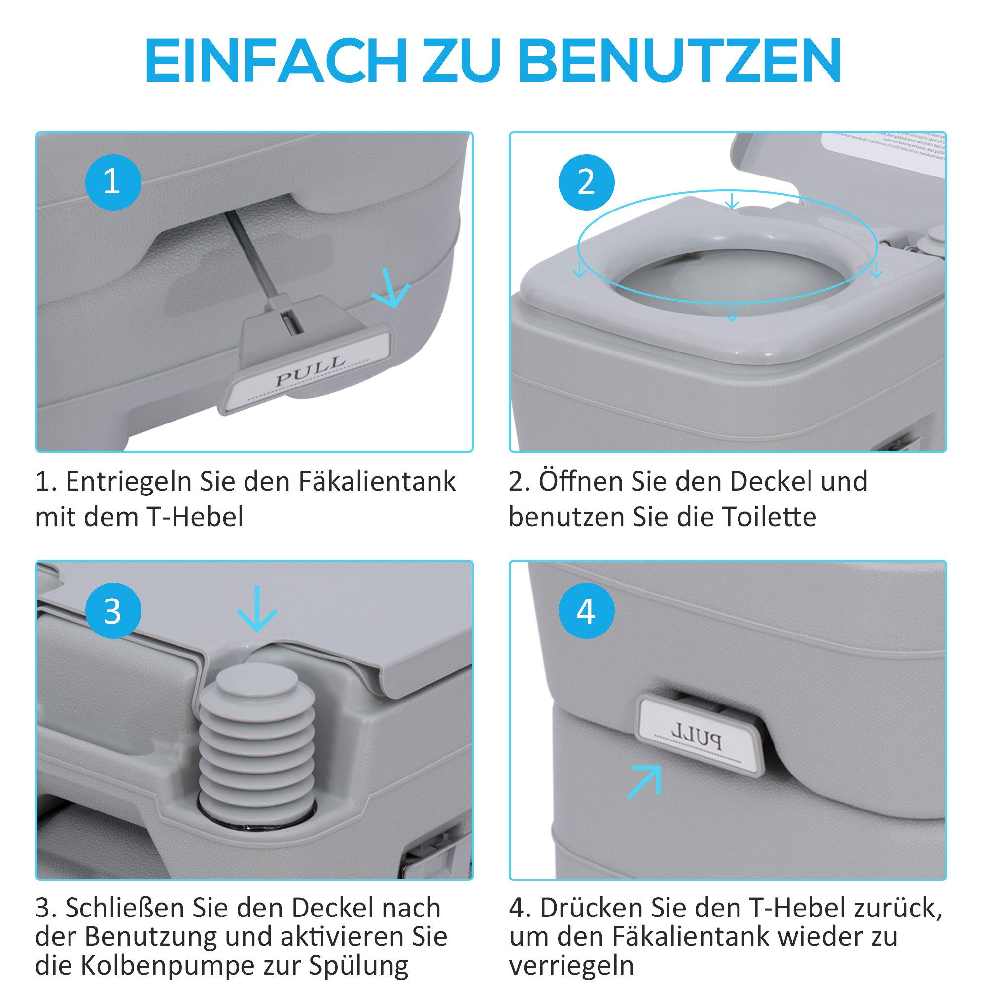 Outsunny Campingtoilette 20L mit Spül- und Abwassertank, (Camping WC, 1-St., Mobil-WC), für Camping, Wandern, Reisen, Angeln, Grau