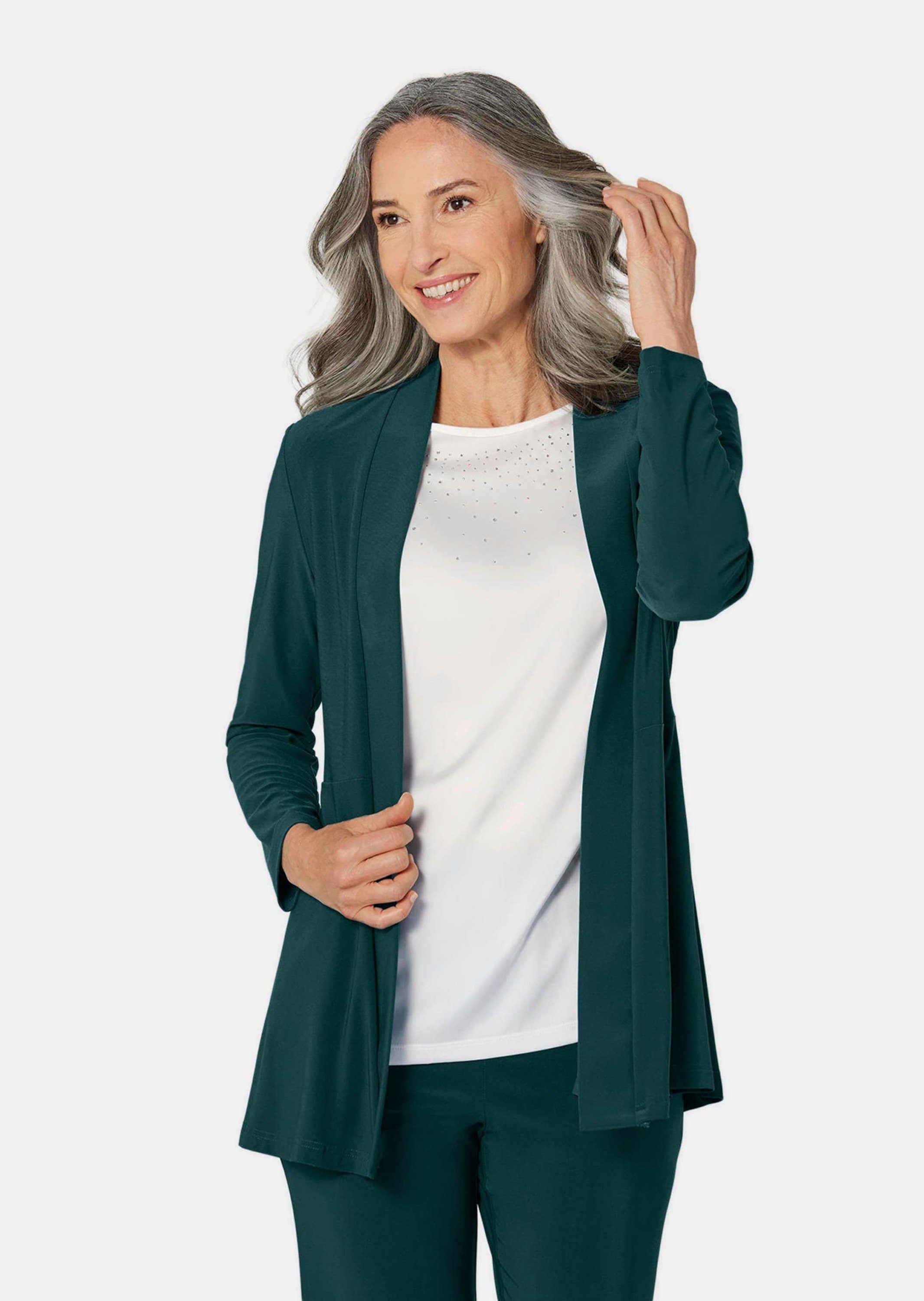 GOLDNER Shirtjacke Leichte Shirtjacke lila mit Stretch Damen Indoorjacke Uni, Shirtjacke, kaschierend, elegant, Schalkragen