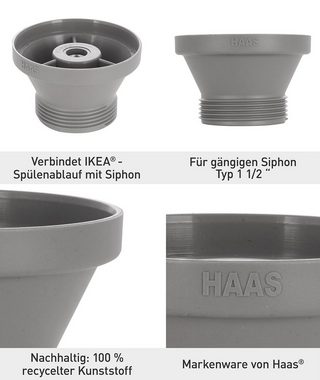 HAAS Siphon, (1-tlg., Siphon-Ablauf-Adapter Spüle), Typ 1 1/2'', für IKEA®-Spülen, recycelter Kunststoff, grau, 223836