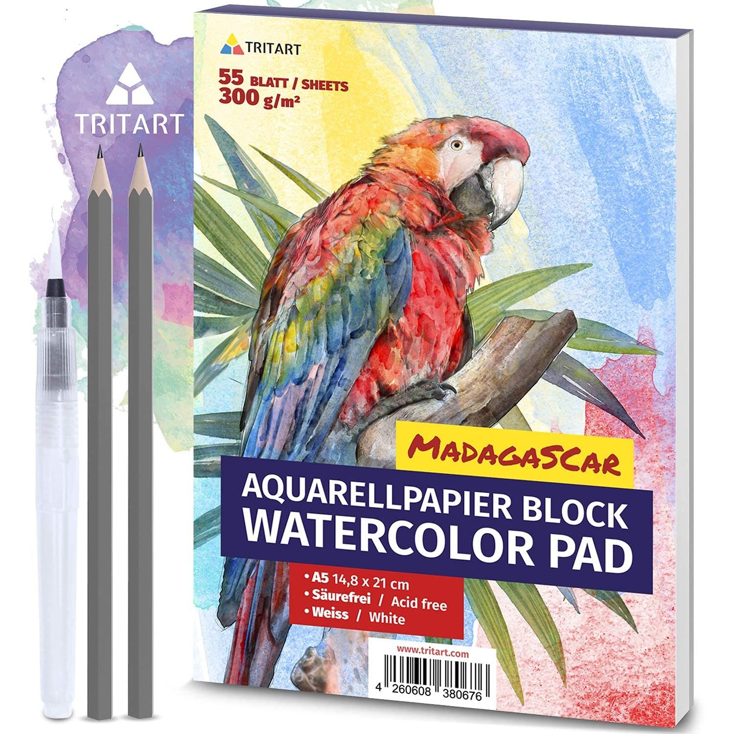 Tritart Aquarellpapier Aquarellpapier A5 300g Set - inkl. Water Brush und 2 Bleistifte