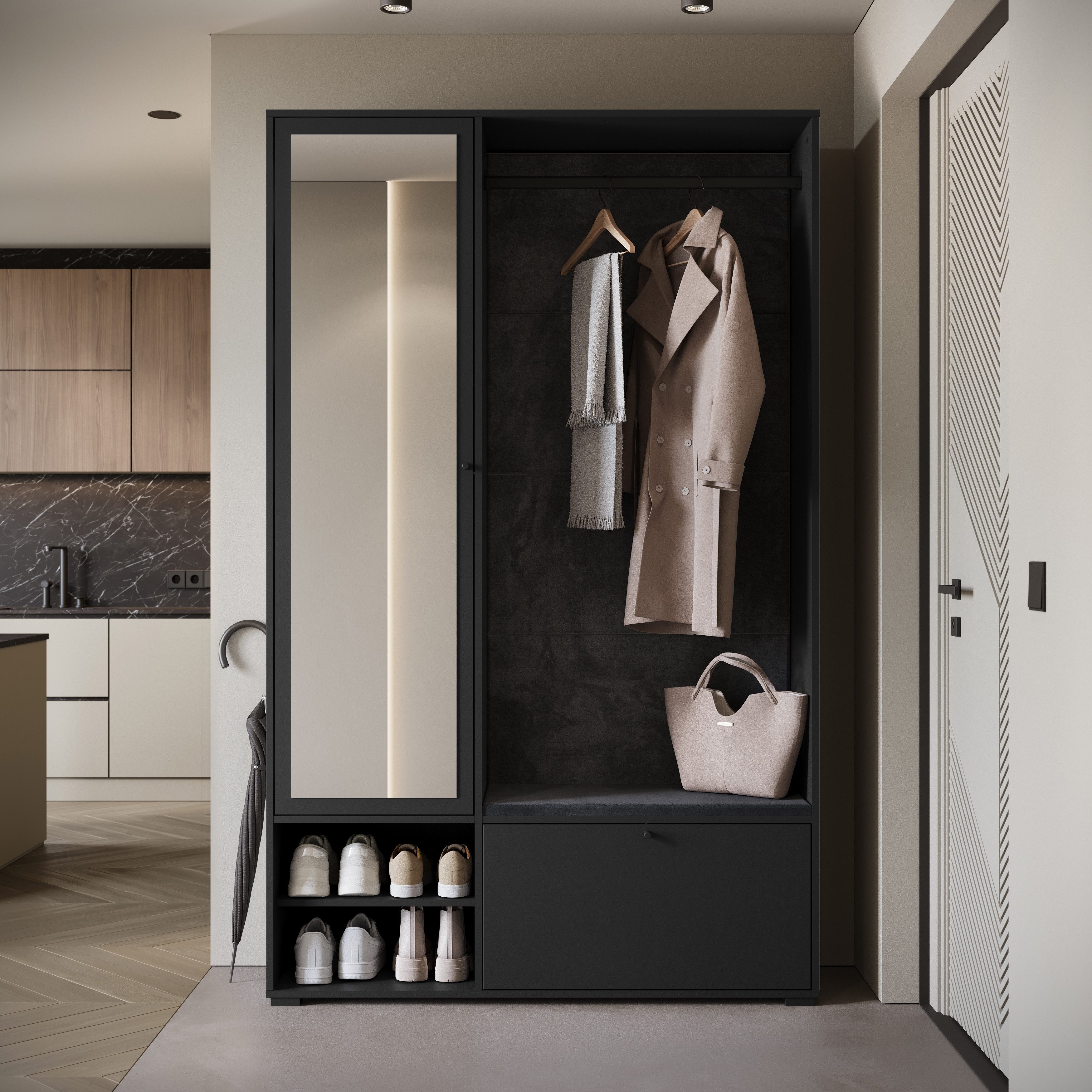Home affaire Garderoben-Set Garderobe mit Spiegel, Sitzbank und Kleiderstange, (1-St), Schuhschrank mit viel Stauraum und verstellbaren Einlegeböden