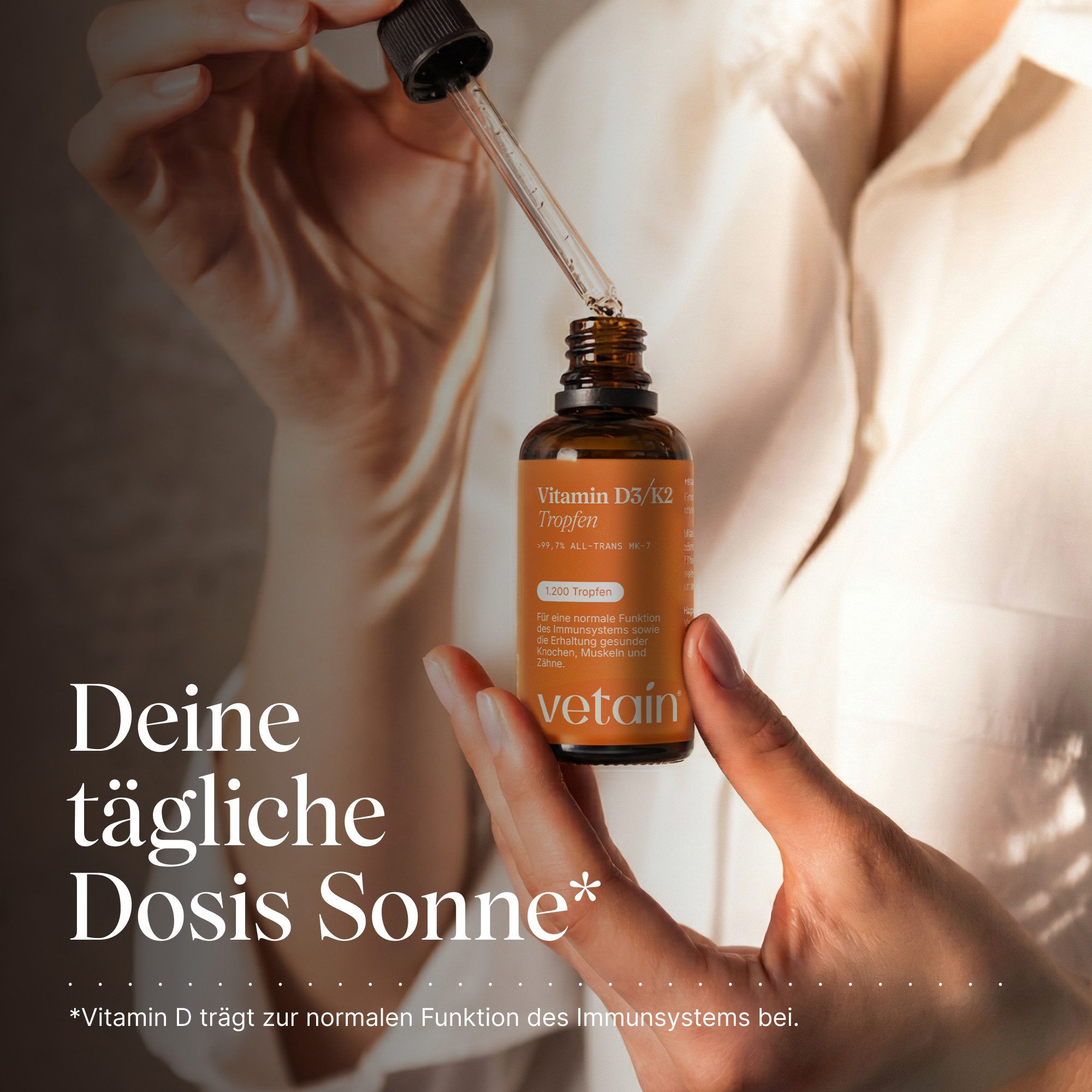 VETAIN Vitamin D3 K2 - 1000 I.E. Vitamin D & 12µg Vitamin K2 - Tropfen, 1200 St., 30 ml, Vitamin D3 aus Pinie + K2Vital®
