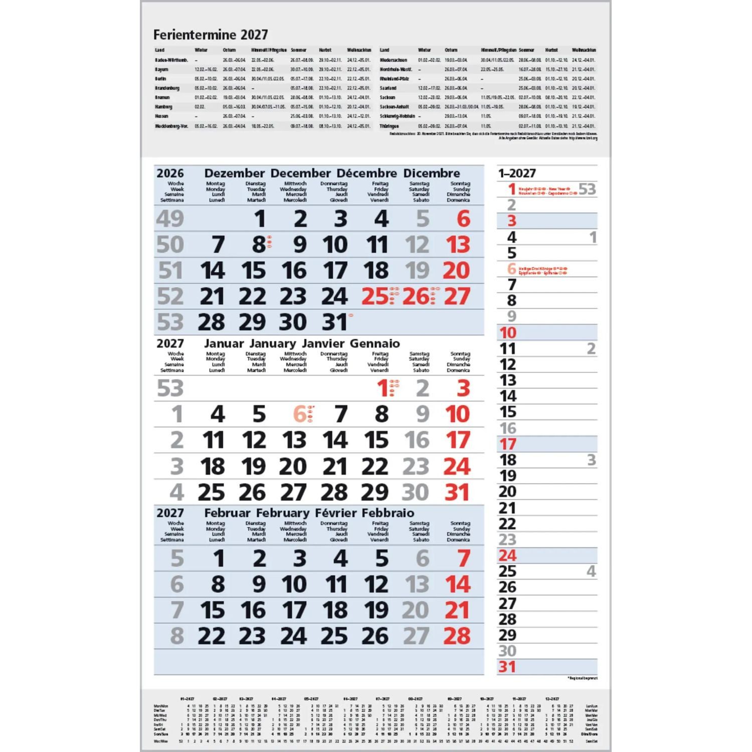 Korsch Verlag Wandkalender 3-Monats-Planer Combi Blau 2027