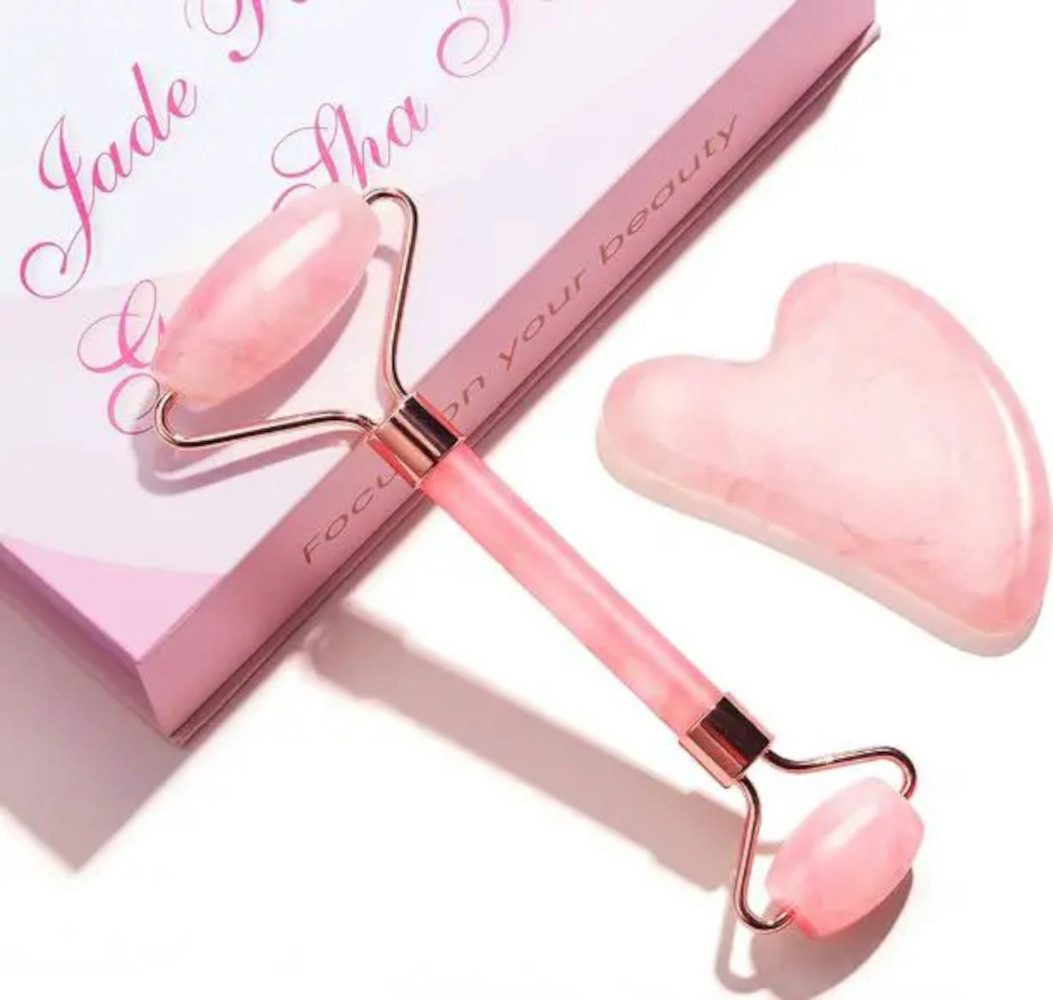 Gesichtsmassagegerät Jade Roller - Set Rosenquarz Gua Sha Stein und Gesichtsroller