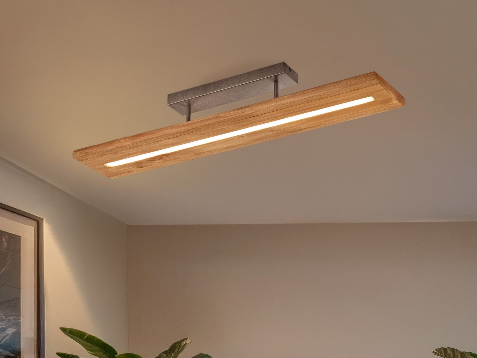 TRIO Leuchten LED Deckenleuchte, Dimmfunktion, LED fest integriert, stufenweise dimmbar über Schalter, warmweiß, ausgefallene Holz-Lampe rechteckig aus Echtholz, Breite: 100cm