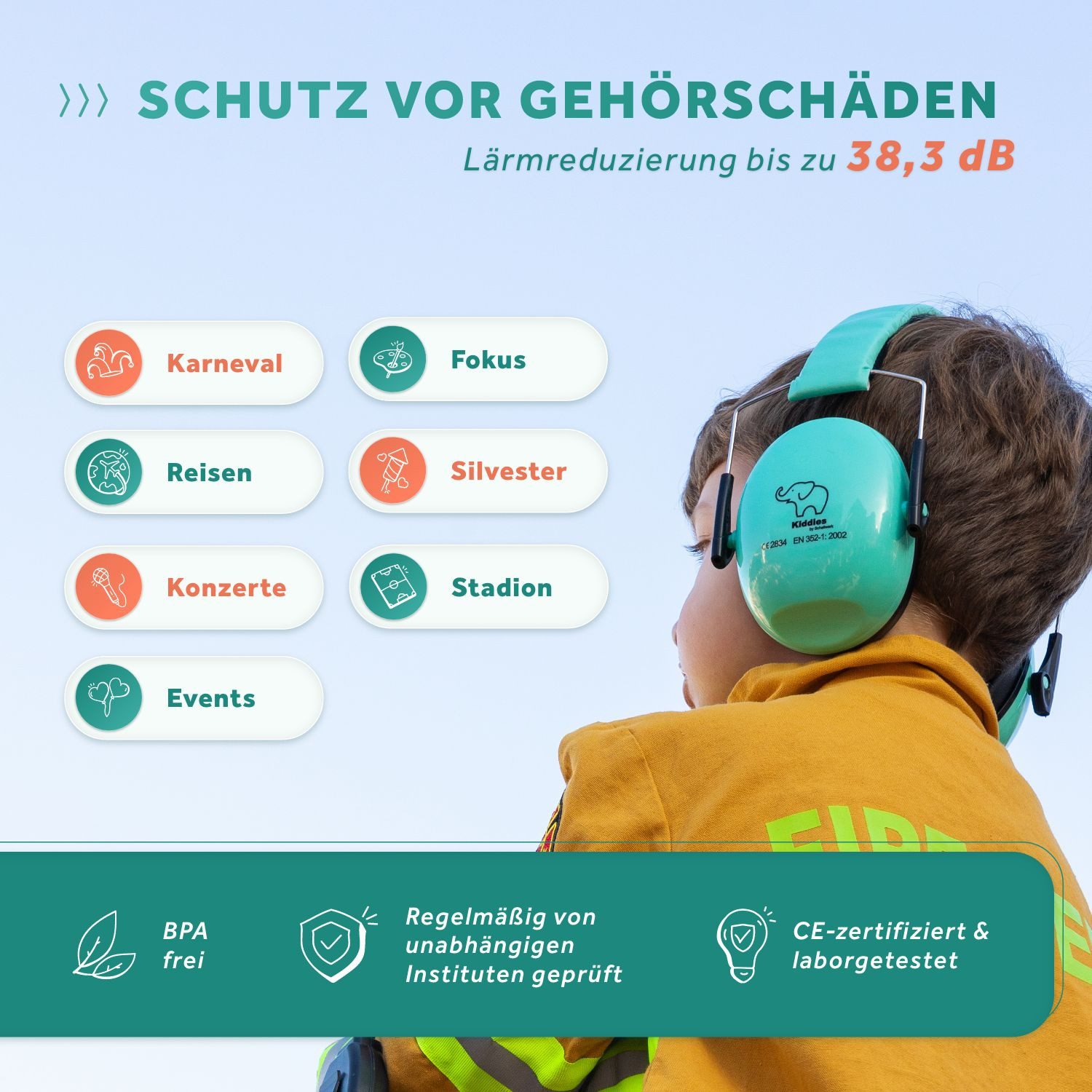 Schallwerk Kapselgehörschutz Gehörschutz für Kinder Kiddies größenverstellbar, (Geräuschdämmende Ohrenschützer), Schule, Lernen, Konzentration, Veranstaltungen