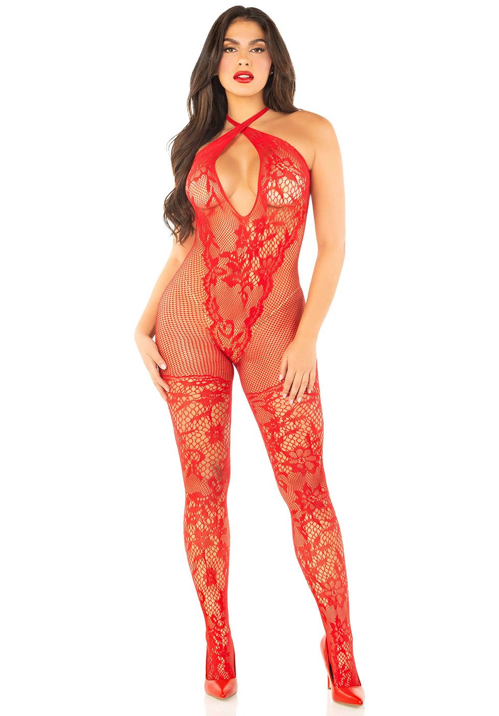 Leg Avenue Bodystocking Netz-Bodystocking mit Straps- und Body Muster - rot (1 St) Überkreuzter Neckholder