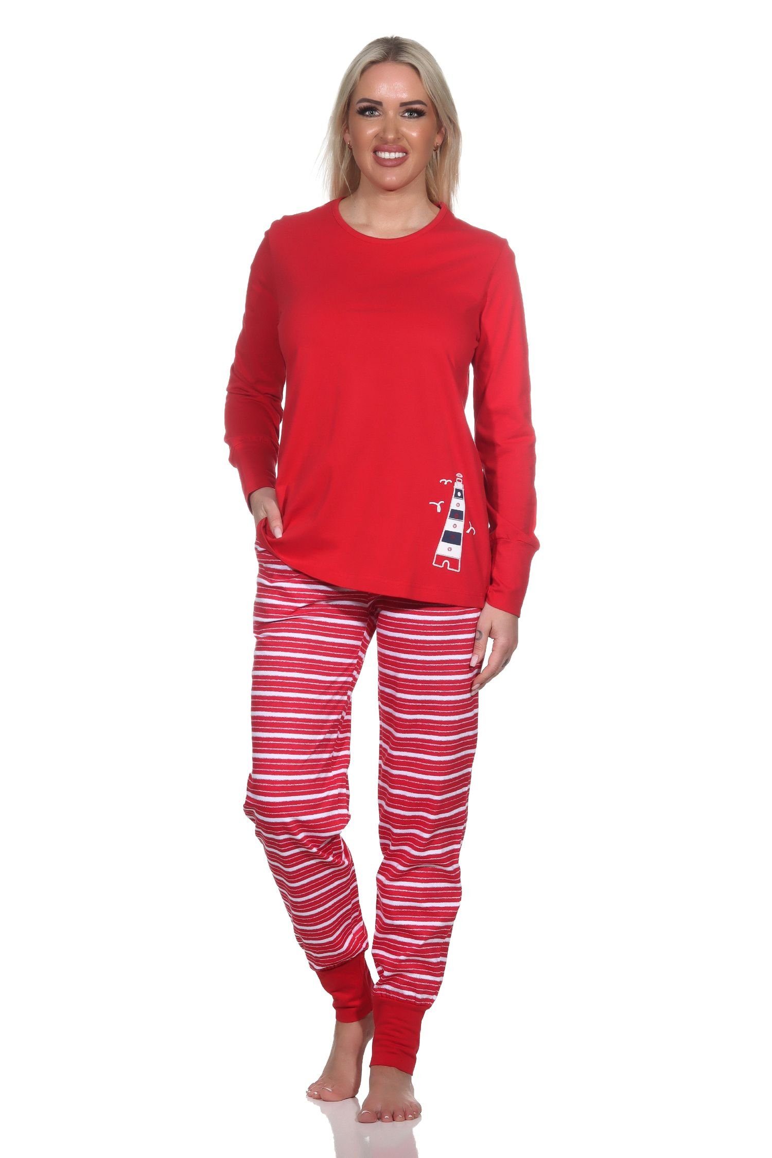 Schlafanzug und Bündchen Damen Normann Motiv Maritimer Pyjama Leuchtturm rot mit als
