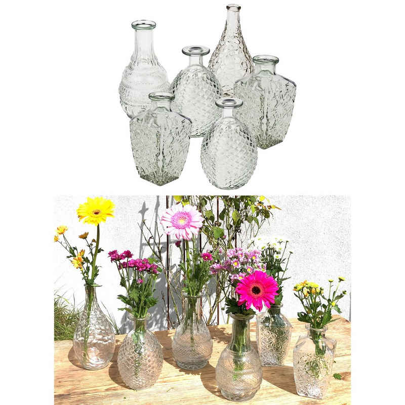 Annastore Dekovase Vasen aus Glas im Vintage Look - Tischvasen Shabby Chic (H 14,8 - 20 cm, 6 St), Blumenvasen, Glasvasen klein, Vasen Tischdeko, Väschen