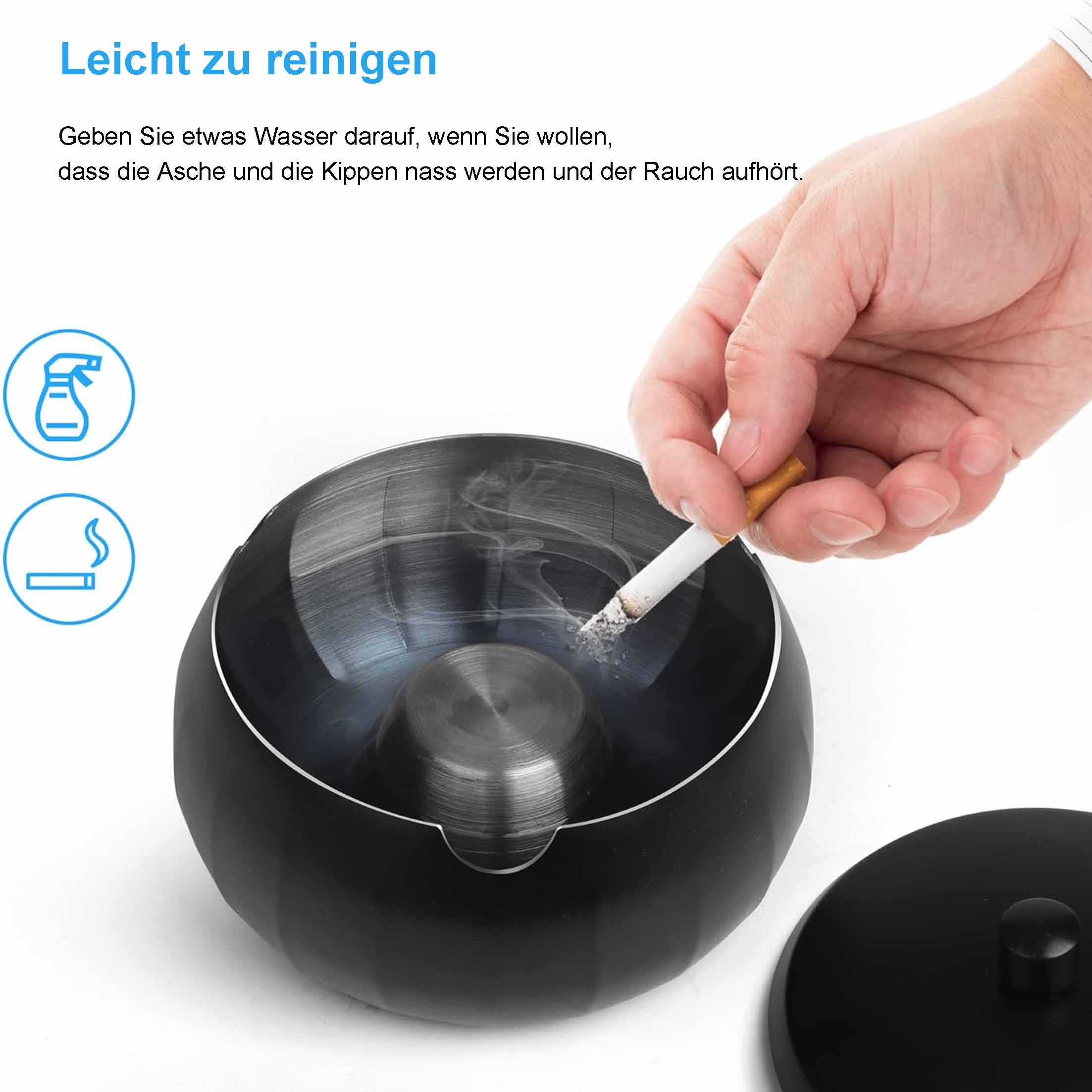 KINSI Aschenbecher Tragbarer Edelstahl-Aschenbecher, mit Deckel, winddicht, geruchsdicht, dichtschließend, langlebig, geruchsdicht, für innen & außen