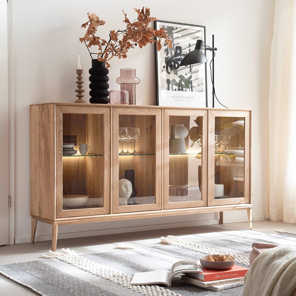 Lomadox Sideboard CUNEO-137, in Eiche massiv gölt Vitrinentüren Beleuchtung 177,7x100,5x41,5 cm
