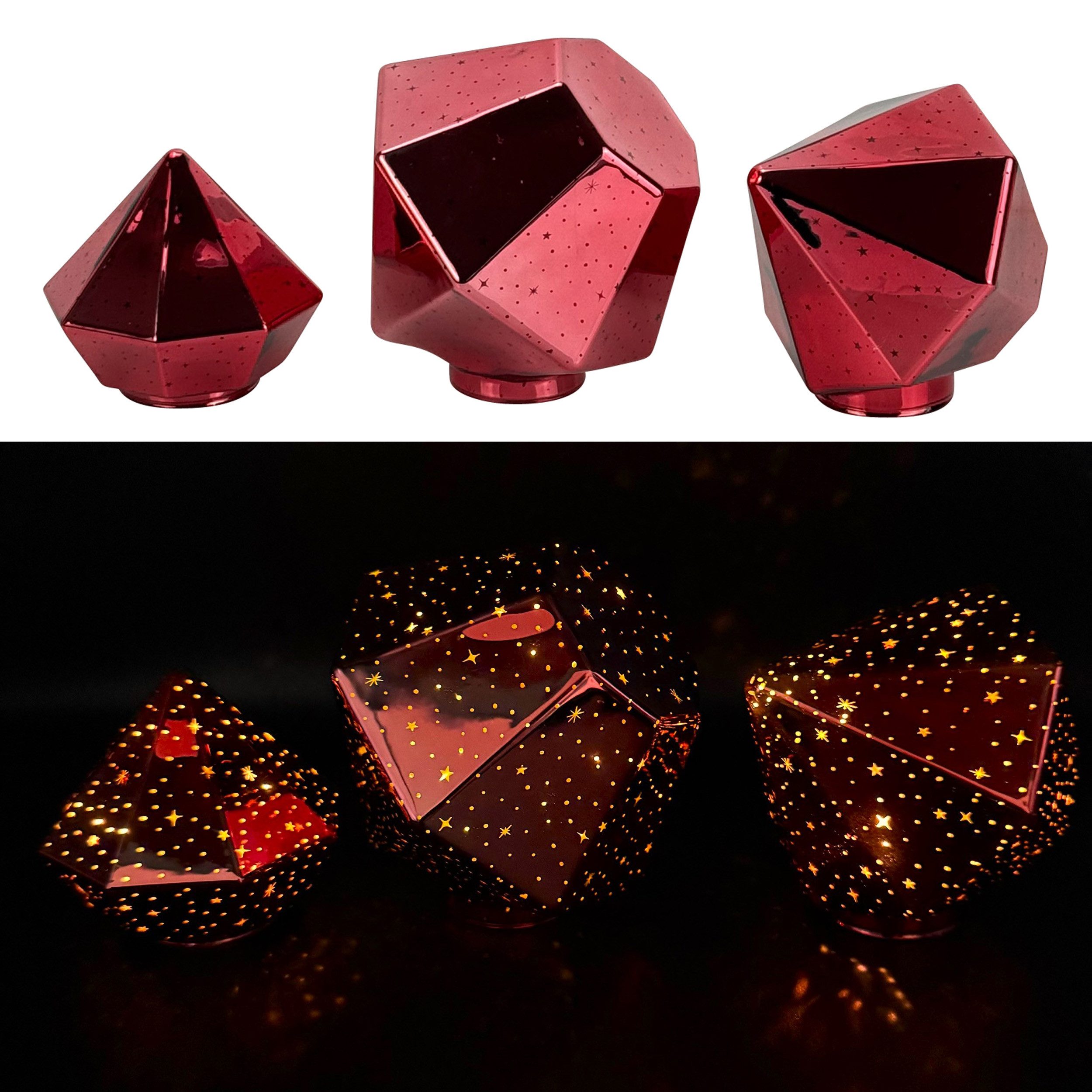 Online-Fuchs LED Dekoobjekt Stimmungslicht - 3 Diamanten aus Glas mit LED-Lichterkette & Timer, Dauerleuchten oder sichter Funkeleffekt, warmweiße LED-Beleuchtung, inklusive praktischer 6-Stunden Timerfunktion