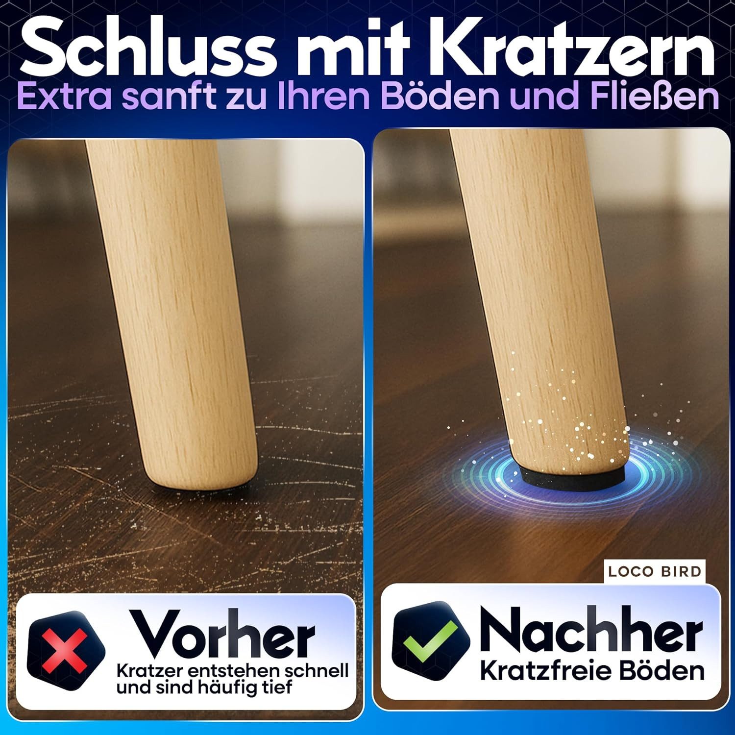 Loco Bird Filzgleiter Stühle Selbstklebend zum Zuschneiden - 8 Stück 16 x 20cm - 4mm schwarz, (Spar-Set, 8 St), Möbelgleiter, Parkettschoner für Stuhlbeine, Filzplatten, Bodenschoner