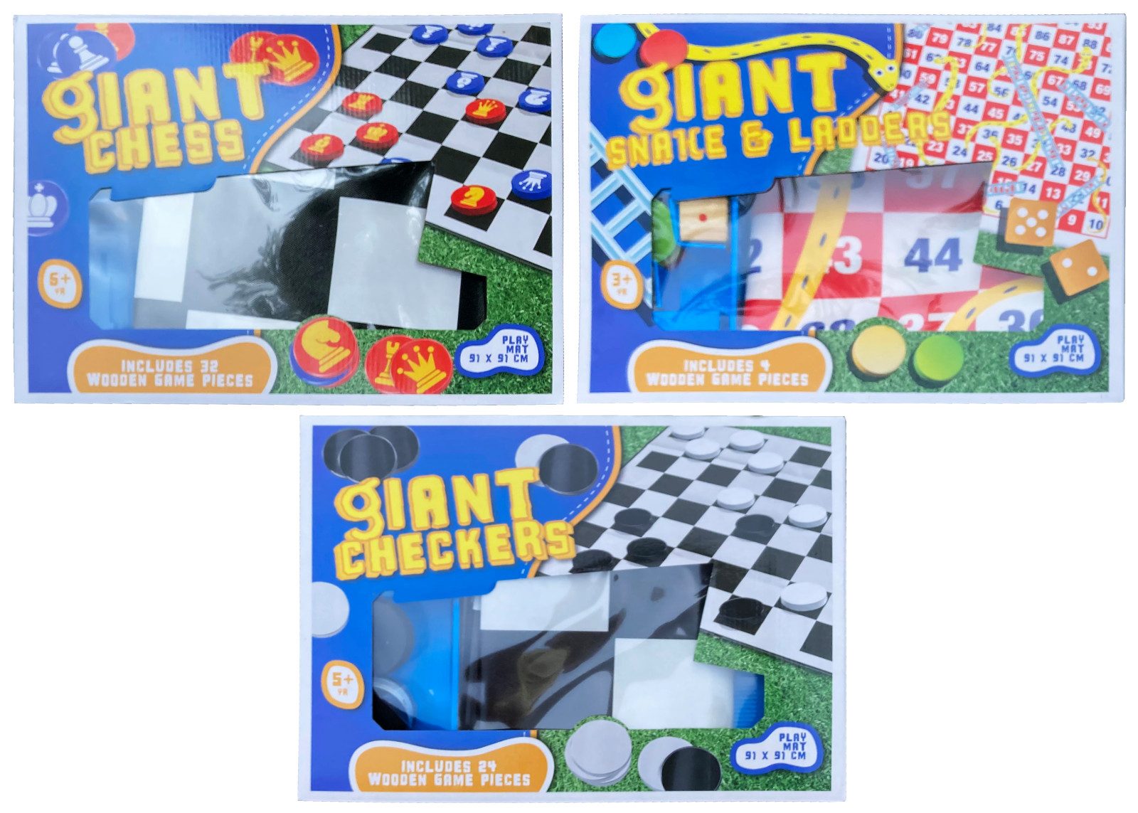 Koopman Spielzeug-Gartenset Rasenspiel Spielplan aus Folie Bunt 91x91 cm, (Set, 3-tlg., Packung), 3 Spiele, Schach, Dame, Leiterspiel, 91x91cm