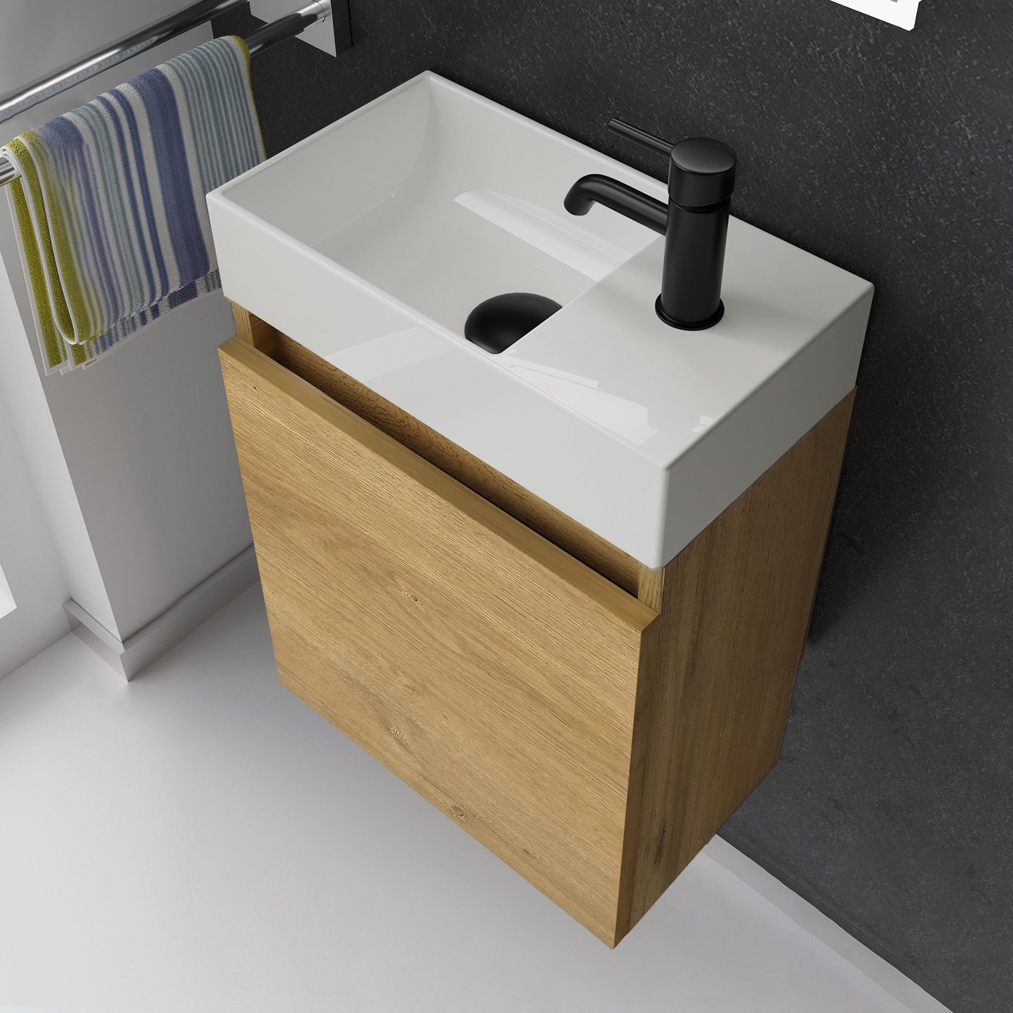 Alpenberger Badmöbel-Set Gäste WC Waschbecken mit Unterschrank - Badschrank Hängend, (2-tlg. Waschtisch Set Eiche Natur, Waschbeckenunterschrank mit Softclose), Waschplätze für Kleine Bäder - Badschrank Hängend und Vormontiert