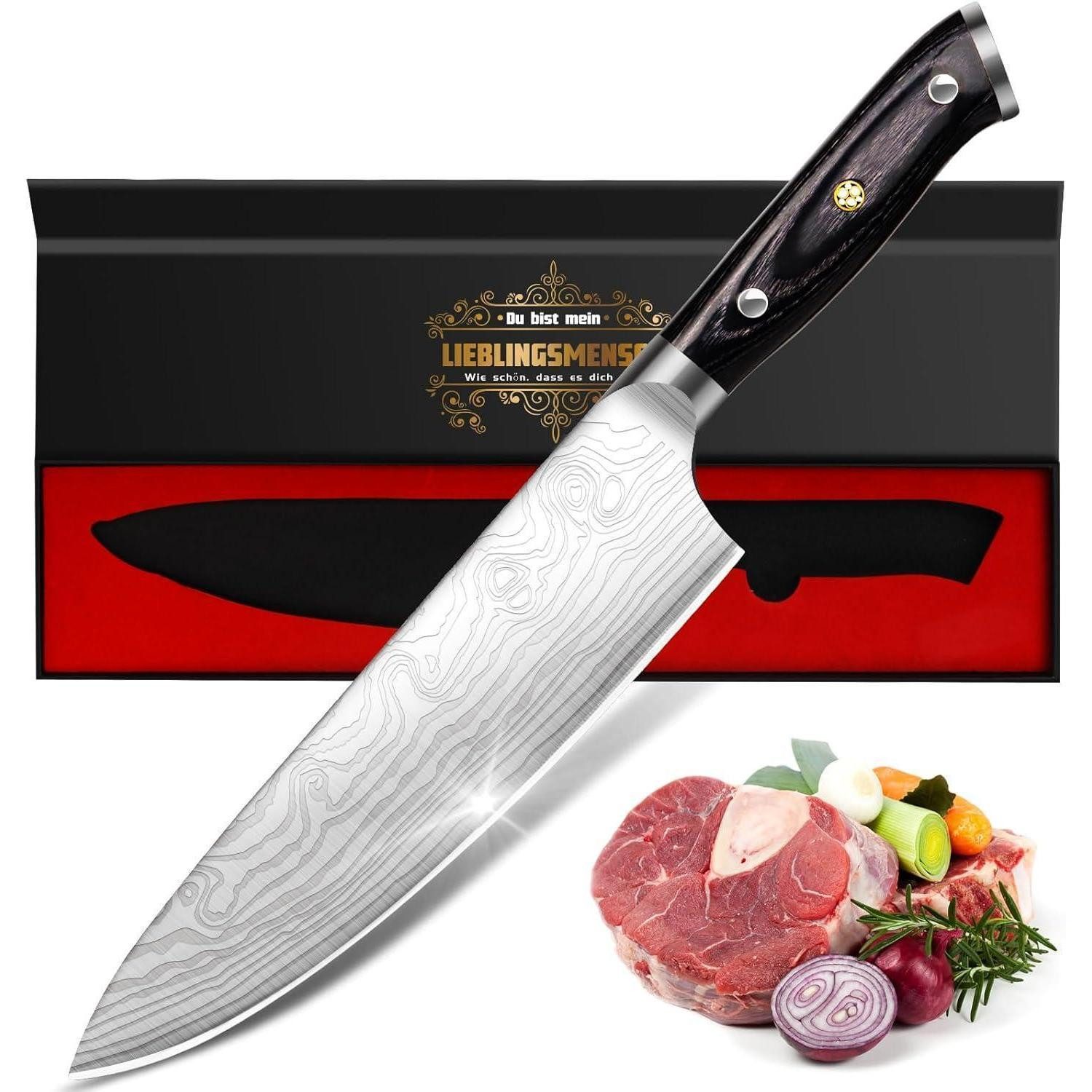 LuxusKollektion Damastmesser Küchenmesser Damastmuster Weihnachtsgeschenk 34cm Profi Kochmesser