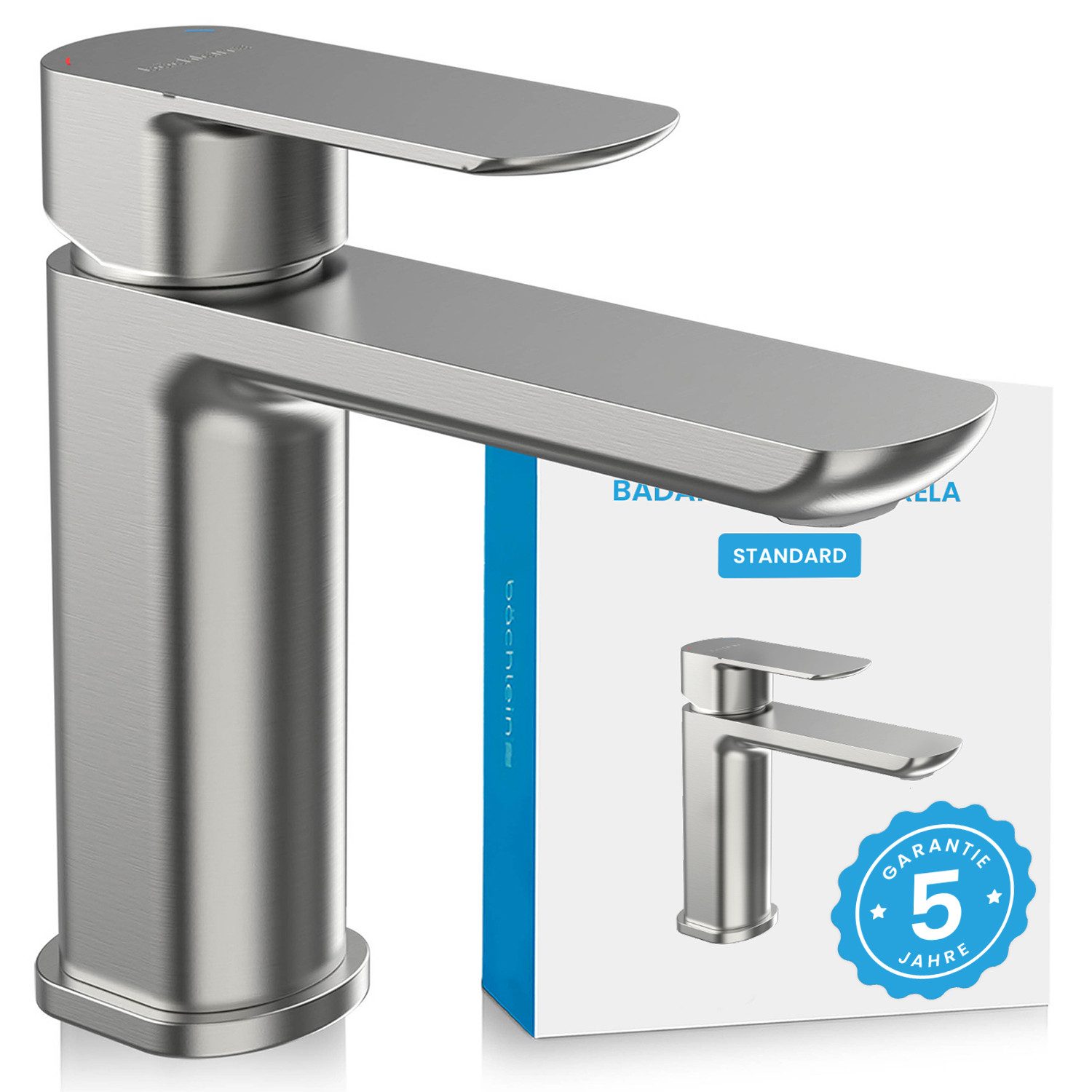 Bächlein Badarmatur Elegante Waschtischarmatur Mizarela (Edelstahl gebürstet) hochwertiger Wasserhahn im minimalistischen Design